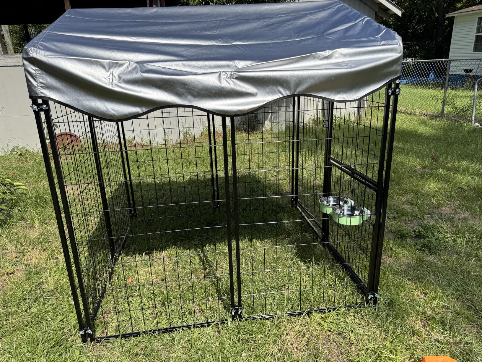 Mr IRONSTONE Outdoor Dog Kennel Heavy Duty Metal Dog Enclosure with Roof, Rotating Food & Water Feeder, Waterproof Covered Large Dog Run for Backyard, Secure Lock Design customer photo 2