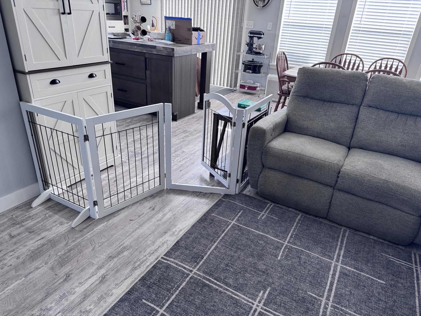 SPIRICH 96-inch Extra Wide 30-inches Tall Dog Gate with Door Walk Through, Freestanding Wire Pet Gate for The House, Doorway, Stairs, Pet Puppy Safety Fence, Support Feet Included (White) customer photo 1
