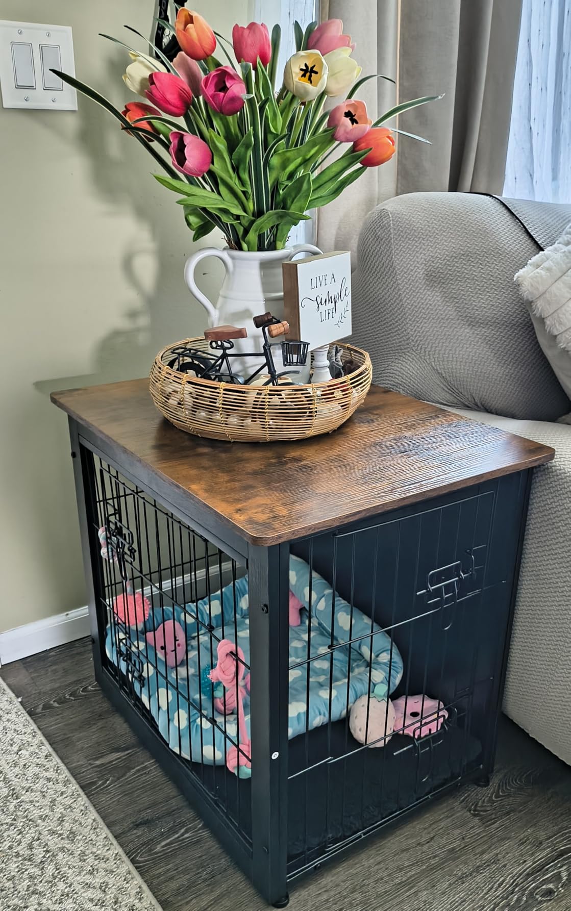 DWANTON Dog Crate Furniture with Cushion, Wooden Kennel Table with Double Doors, Indoor Dog House, Small/Medium/Large/Extra Large Size, 27.2 L, Dark Gray customer photo 2