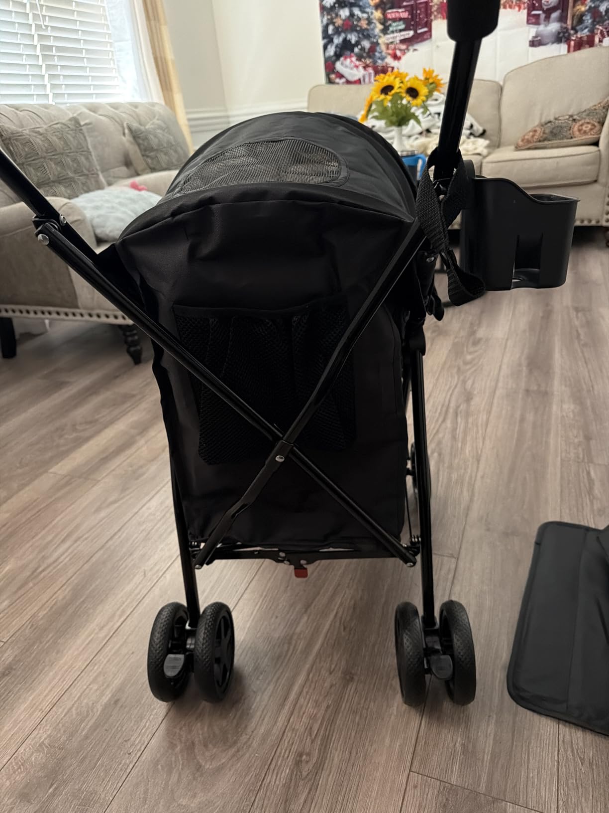 MoNiBloom 4 Wheels Pet Stroller, Easy-Fold Puppy Cage Jogger Stroller with Sun Cover, Pad and Rear Storage Bag, Breathable and Visible Mesh for Small/Medium Pets up to 22 lbs, Black customer photo 1