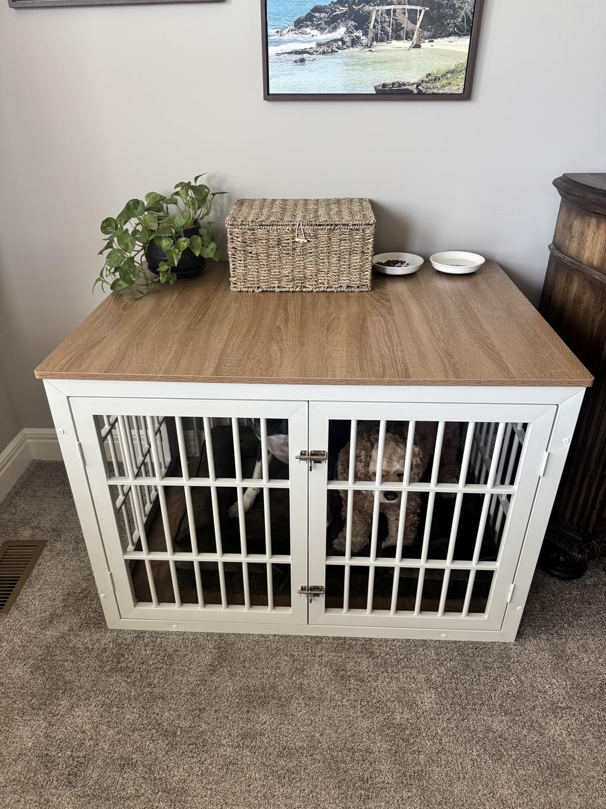 rehomerance 42 Inch Heavy Duty Dog Crate Furniture for Large and Medium Dogs, Decorative Pet House End Table, Wooden Cage Kennel Furniture Indoor, Natural and White customer photo 1