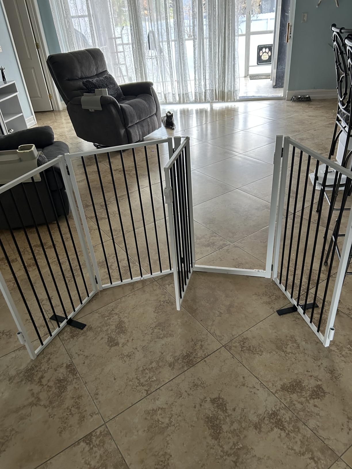 Metal Freestanding Dog Gates with Door for Outdoor Indoor, 80'' Extra Wide 32'' Tall Free Standing Dog Gate for Doorways, Large Openings, Deck, Yard, Foldable Safety Pet Fence (Black, 4 Panels) customer photo 1
