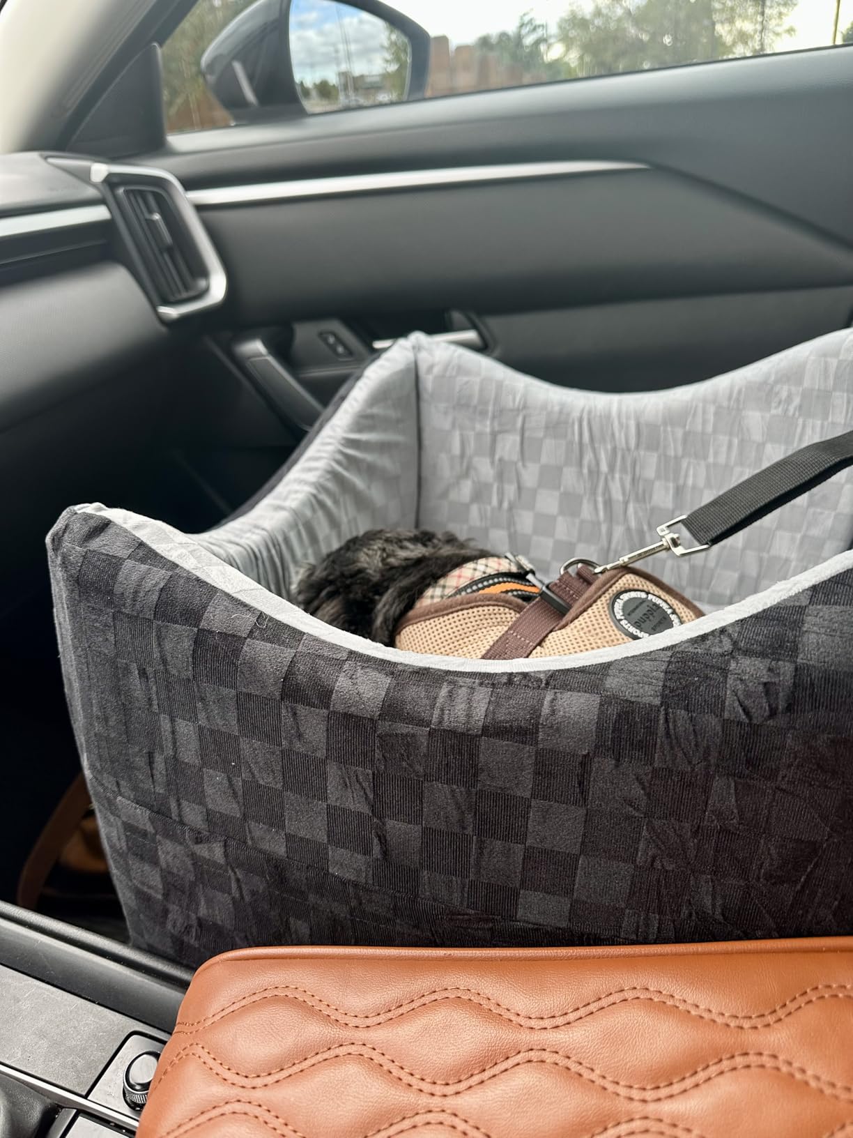 JOEJOY Elevated Dog Car Seat for Small/Medium Dogs up to 35 lbs, Memory Foam Booster Seat with Detachable Washable Cover, Travel-Safe Car Bed with Safety Belts & Storage Pockets, Grey customer photo 1