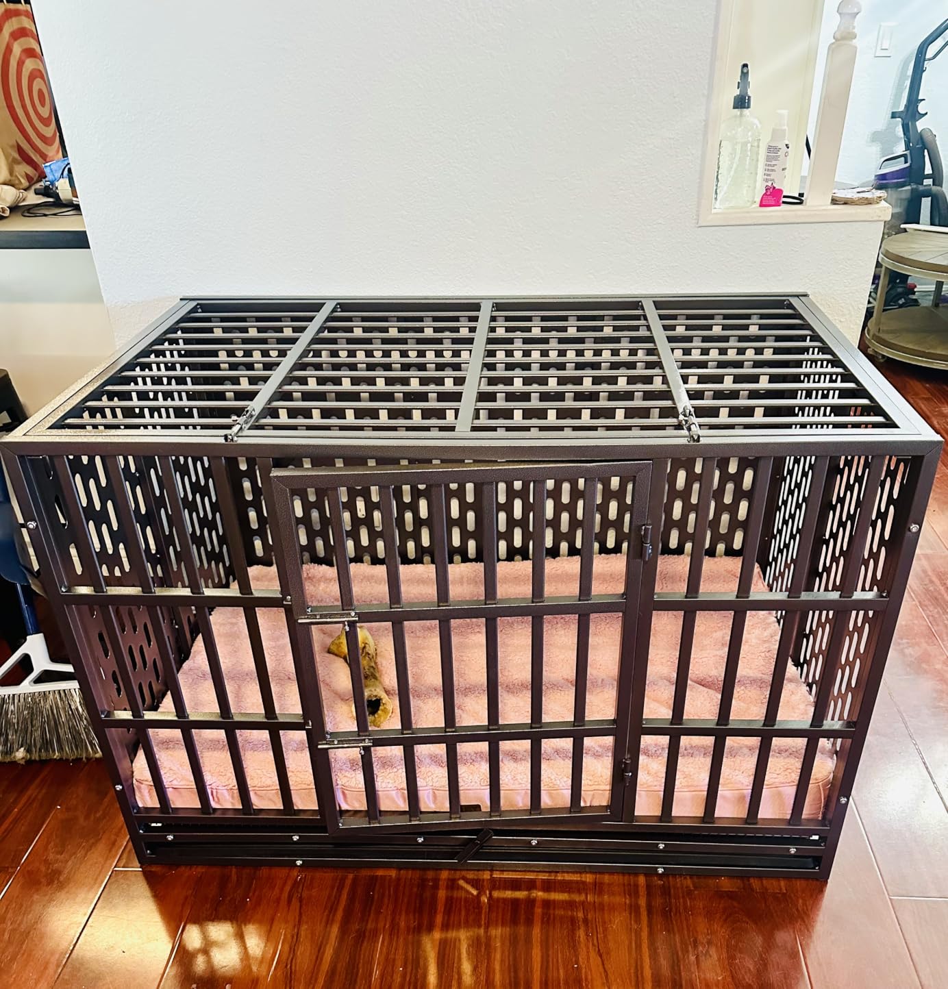 HIWOKK 48 Inch Heavy Duty Indestructible Dog Crate Steel Escape Proof, Indoor Double Door High Anxiety Cage, Kennel with Wheels, Removable Tray, Extra Large XL XXL customer photo 1