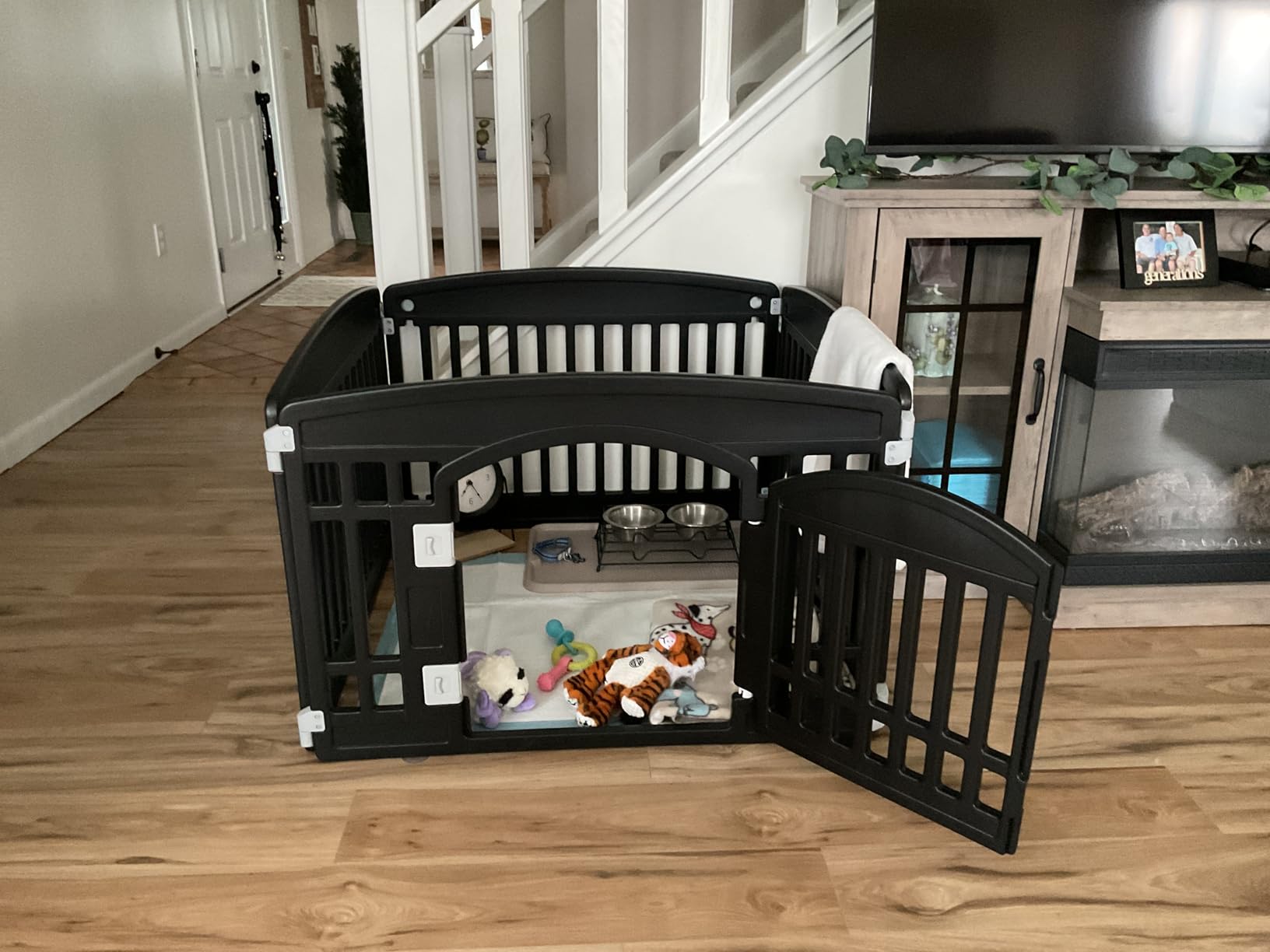 Sweetcrispy Plastic Dog Playpen, 4 Panel 24 inch Expandable and Durable Pet Fence for Small to Medium Dogs - Indoor and Outdoor Portable Puppy Playpen with Secure Locking Door - Black customer photo 1