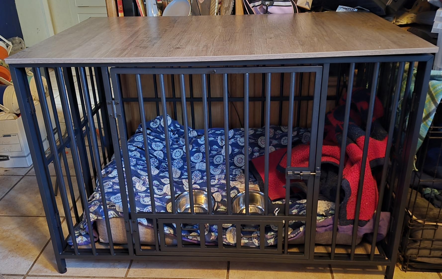 Easycom Dog Crate Furniture Foldable, No Assembly Decorative Dog Kennel Indoor, Dog Crates for Large Dogs(35-60 lb), Wooden Dog Cage with Adjustable Bowls and Name Tag, End Table, Rustic Brown customer photo 1