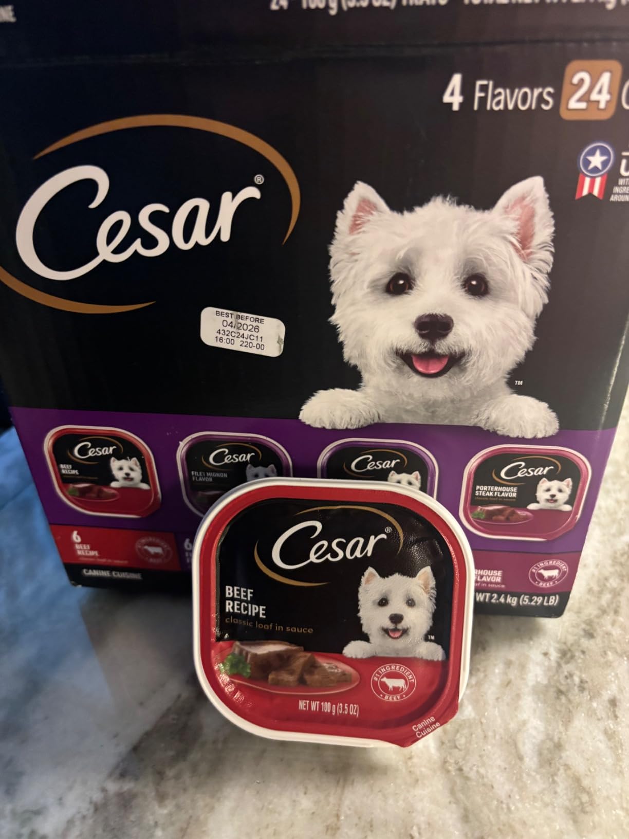 Cesar Classic Loaf in Sauce Wet Dog Food, Beef Recipe, Filet Mignon Flavor, Grilled Chicken Flavor, and Porterhouse Steak Flavor, 3.5 oz. Easy Peel Trays, Variety Pack (24 Count, Pack of 1) customer photo 1