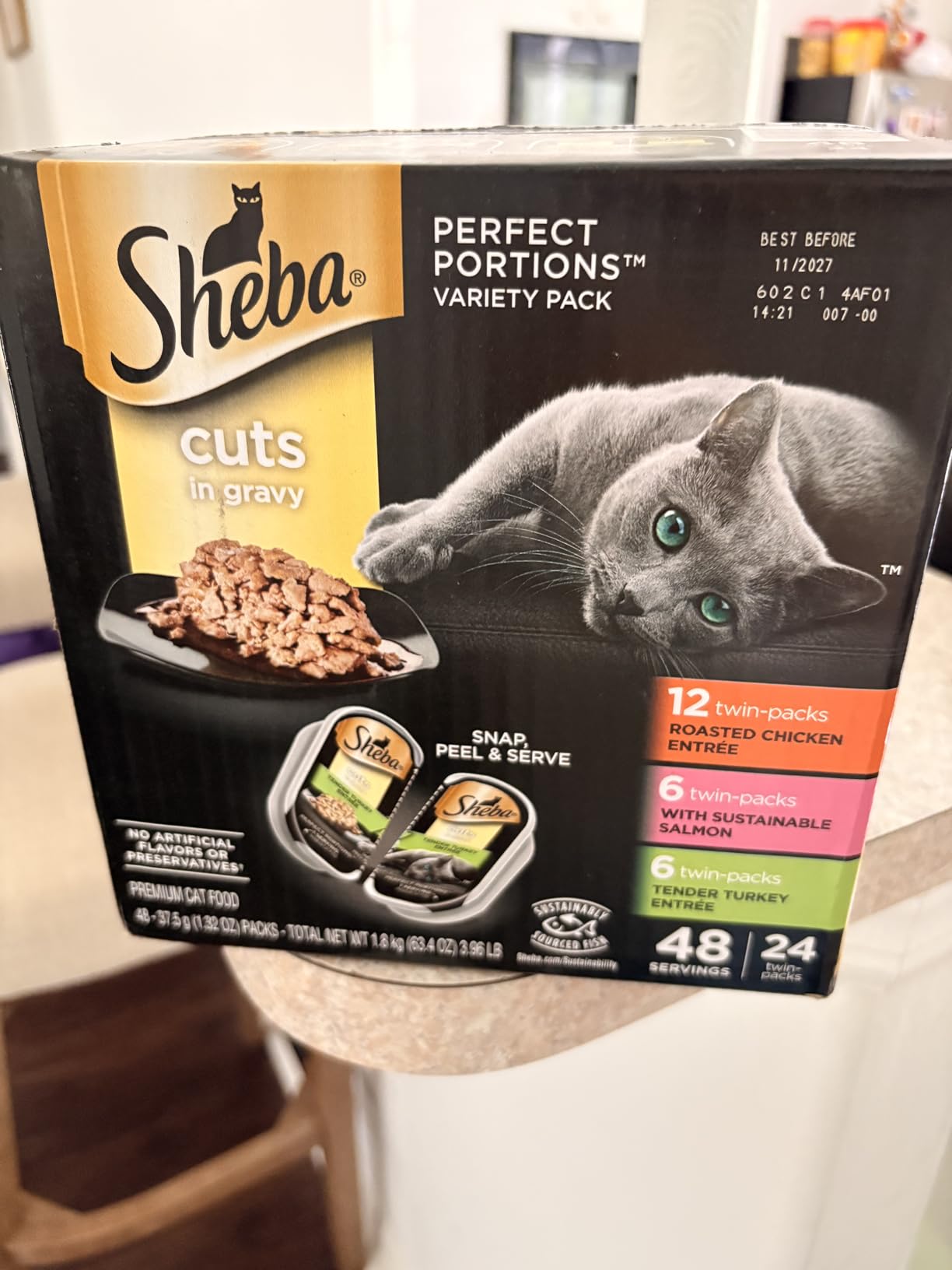 Sheba Perfect Portions Wet Cat Food Cuts in Gravy, Cat Food Wet Recipe, Roasted Chicken Entree, with Sustainable Salmon, Tender Turkey Entree, 2.6 oz. Twin-Pack Trays (24 Count, 48 Servings) customer photo 2