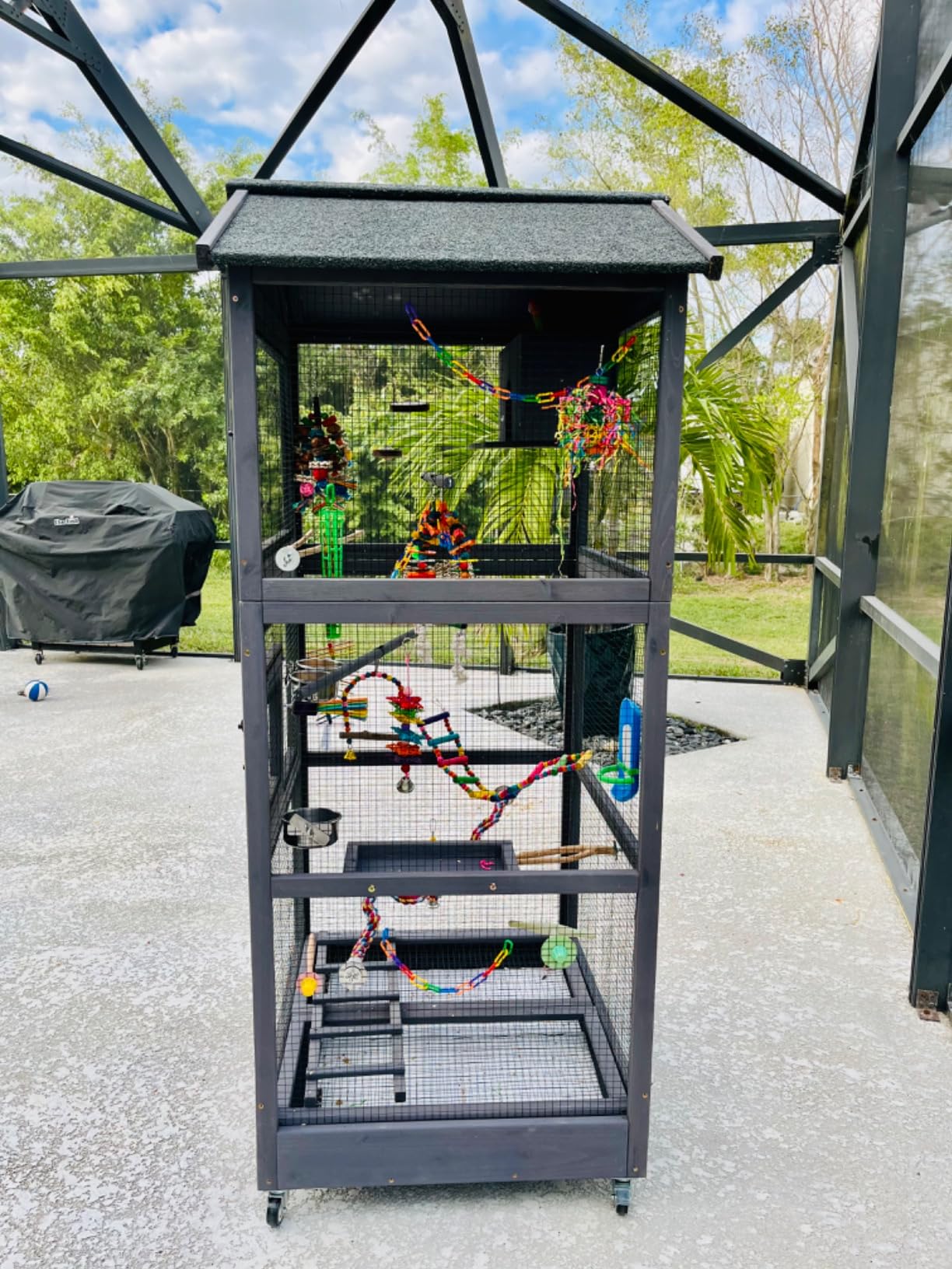 GUTINNEEN Outdoor Bird Aviary Wooden Large Bird Cage on Wheels, Featuring Play Stand, Perches, Nest Habitat, Include Wire Mesh Above Bottom Tray Easy to Clean customer photo 2