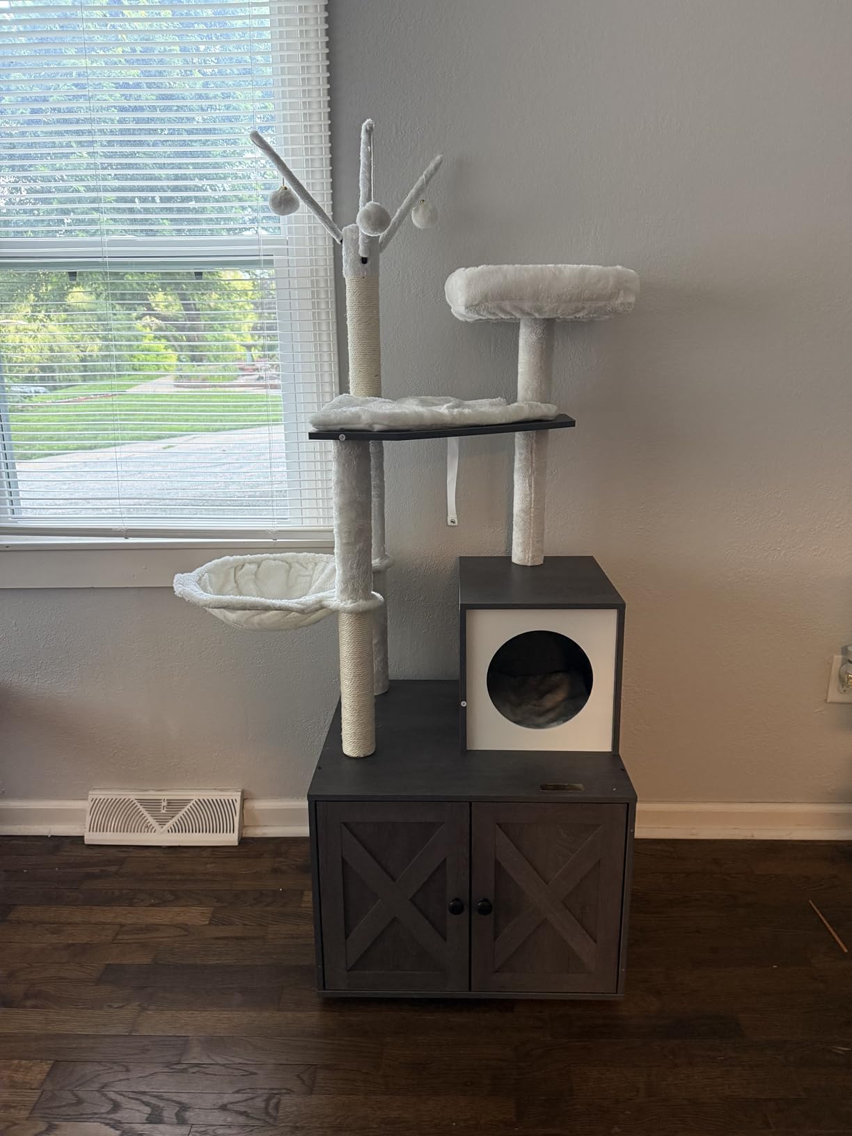 Feandrea Cat Tree with Litter Box Enclosure, 59-Inch Modern Cat Tower, 2-in-1 Condo with Scratching Posts, Washable Removable Cushion, Greige UPCT113G01 customer photo 2