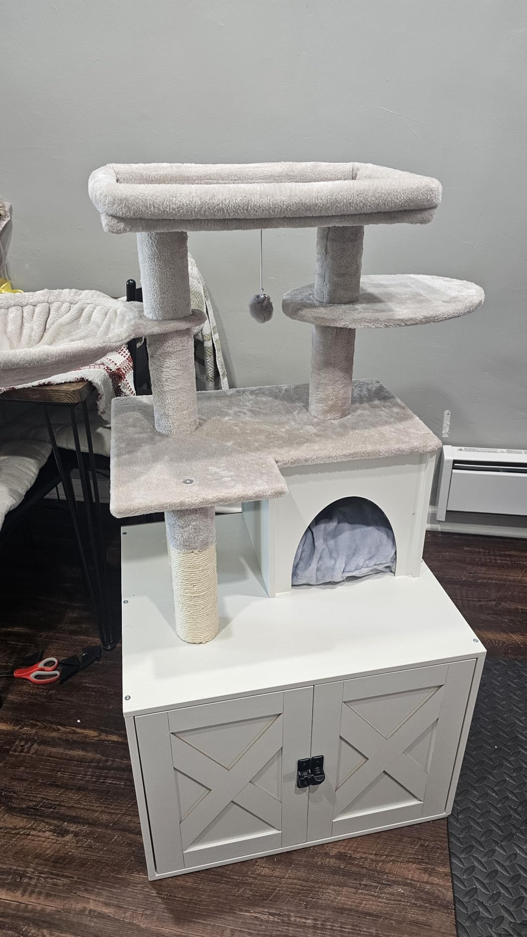 Snughome Cat Litter Box Enclosure with Tree Tower and Condo, Hidden Washroom Furniture with Sisal Scratching Post and Soft Plush Perch, Wooden Cat Furniture with Multiple Platforms, Grey customer photo 1