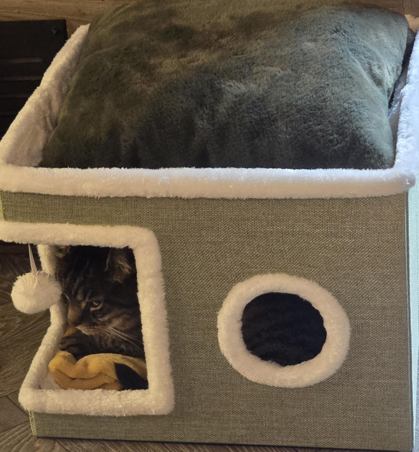 Shikha Cat Beds for Indoor Cats, Large Cat Cave with Cozy Condo, Fluffy Ball, Round Window, Foldable Indoor Cat House Hold Up to 30LBS, Cat Hideaway with Reversible Cushions for All Seasons, Grey customer photo 2