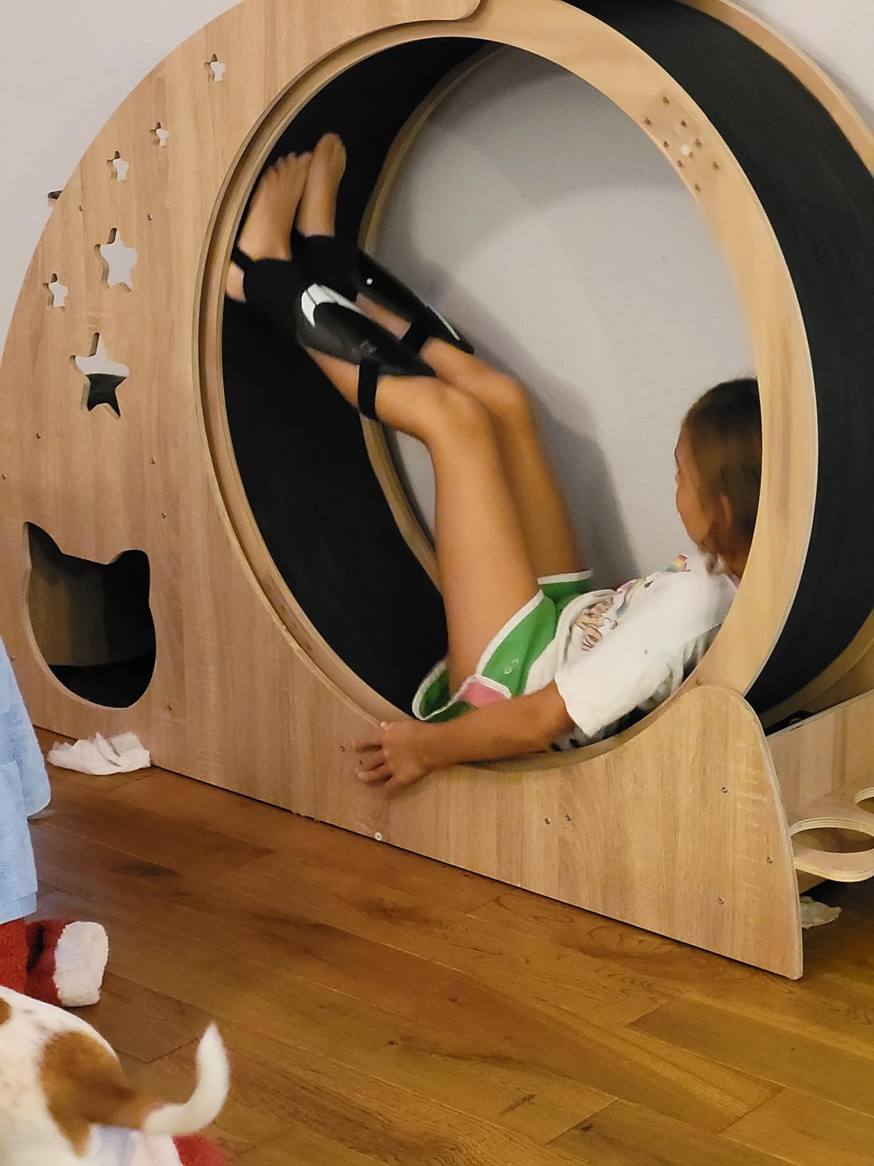 Mondeer Cat Exercise Wheel, 46'' Cat Wheel for Indoor Cats with Carpeted Runway, XL Treadmill with Removable Carpet and Teaser, for Running Walking Training (Natural Wood) customer photo 2