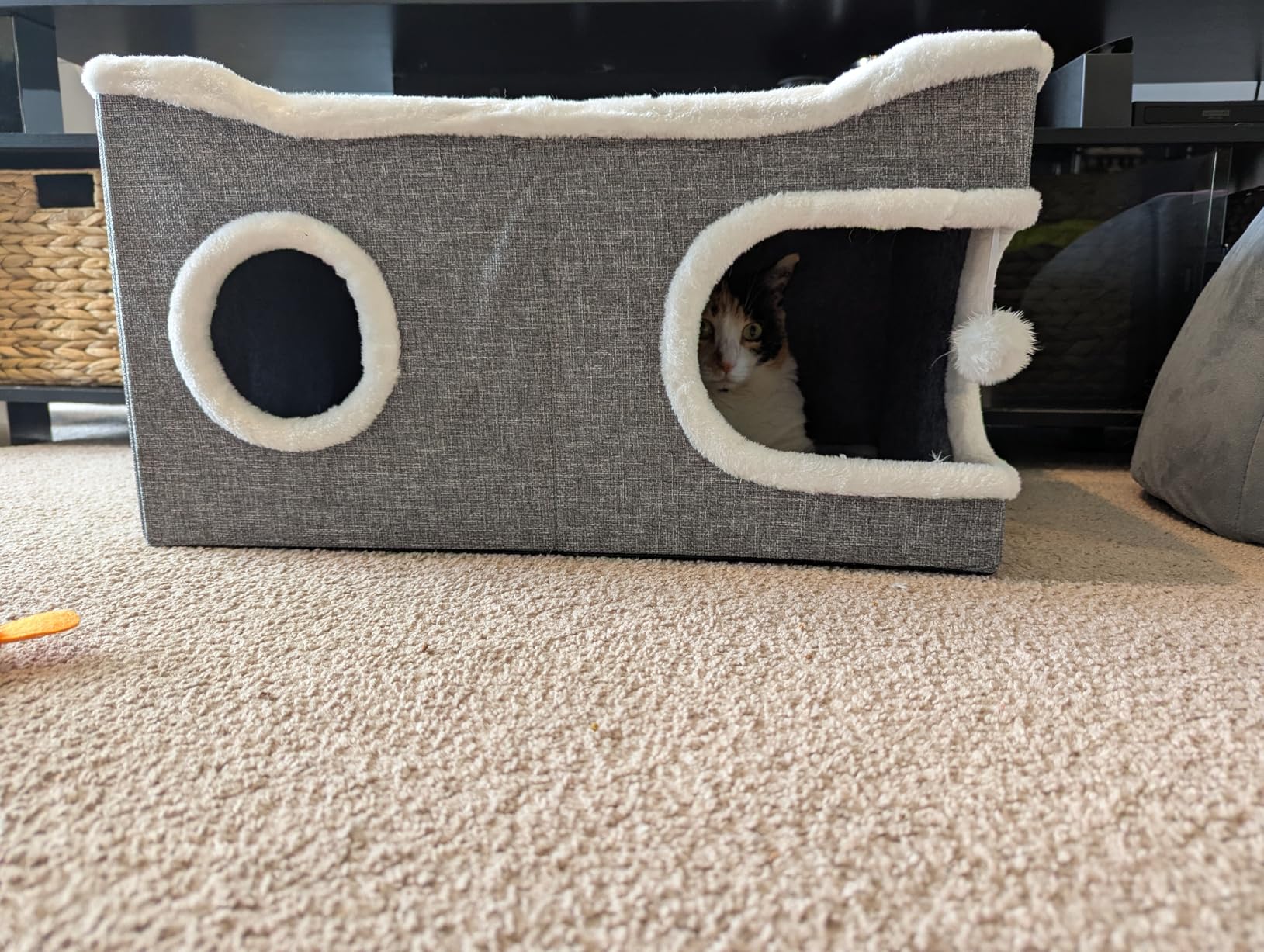 Extra Large Cat Beds for Indoor Cats, Covered Cat Cave Beds & Furniture with Scratch Pad and Fluffy Ball, Foldable Cat Condo Hideaway with Reversible Cushion for Multi Small Pet Large Kittens, Grey customer photo 2