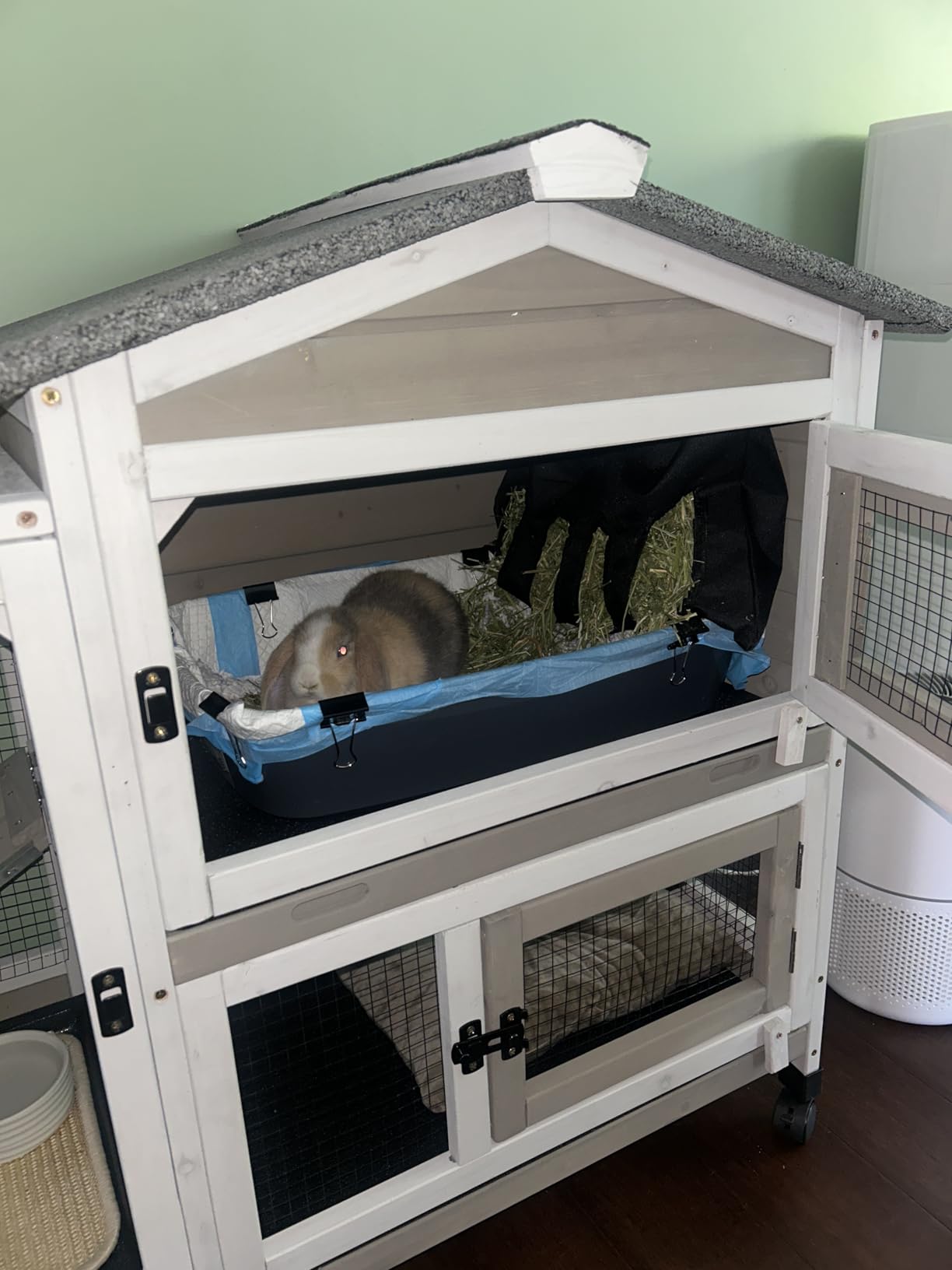 PetsCosset Double Rabbit Hutch Outdoor Indoor Large Bunny Cage with Dual Side Runs, 2-Story Wooden Hutch with 4 Leak Proof Trays, 8 Wheels, Waterproof Roof, Ramp, for Small to Medium Animals customer photo 2