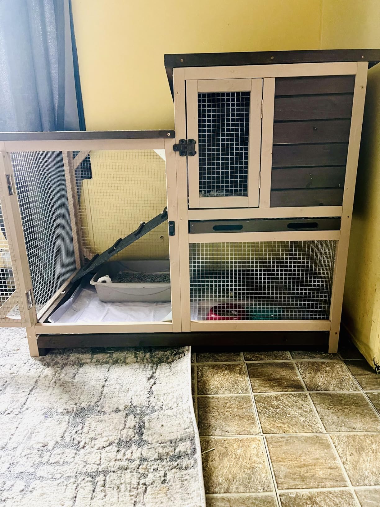 GUTINNEEN Duplex Rabbit Hutch Indoor with Chew-Proof Frame & 2 Leak-Proof Sliding Trays, Rain Cover, Wooden Guinea Pig Cages with Wheels - Grey customer photo 1