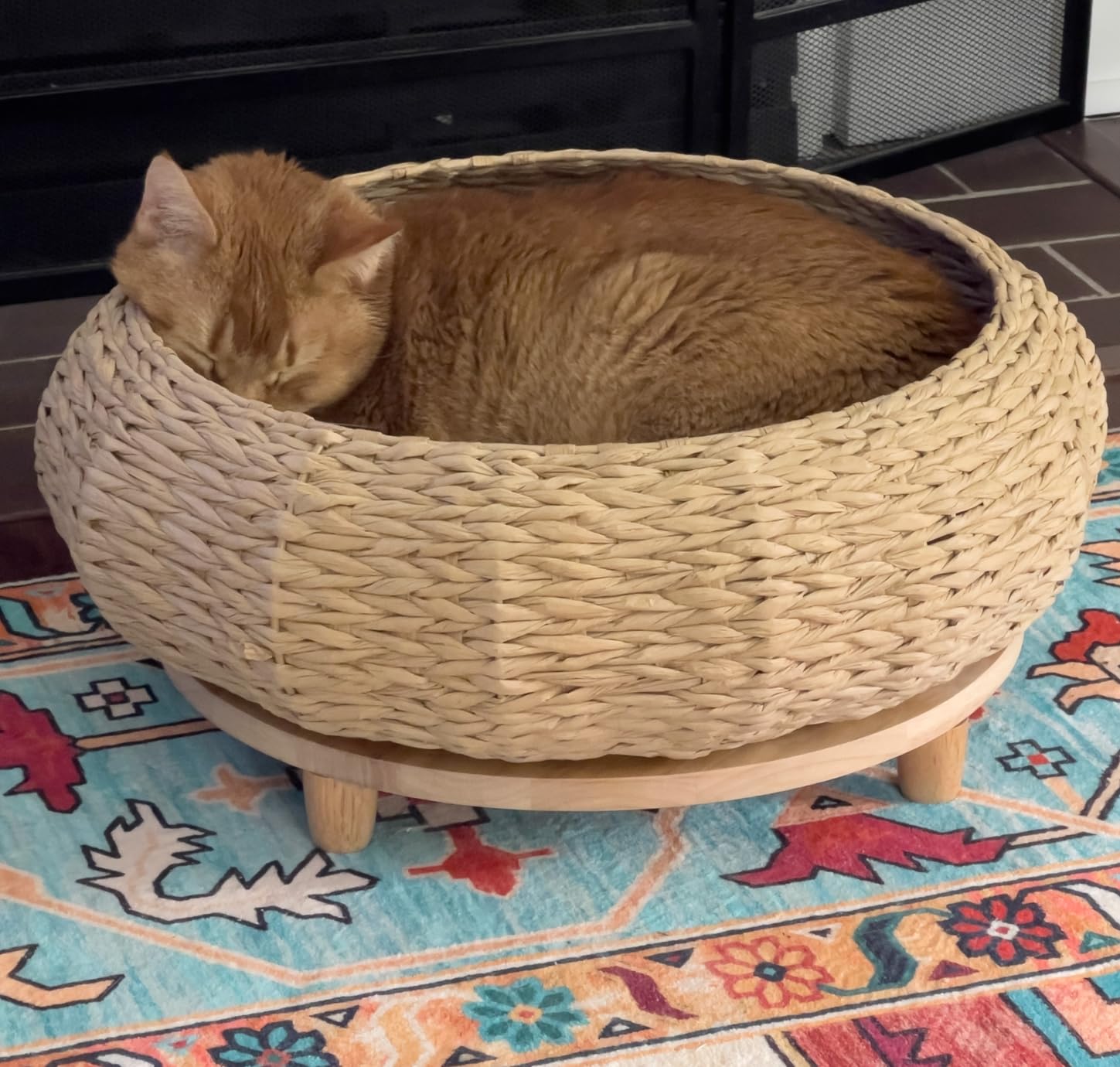 SHENGOCASE Extra Large Handwoven Paper Rope Wicker Rattan Pet Cat Dog Nest Basket Bed, Elevated Couch with Wooden Base, Cozy Cushion for Maine Coon, Indoor customer photo 1