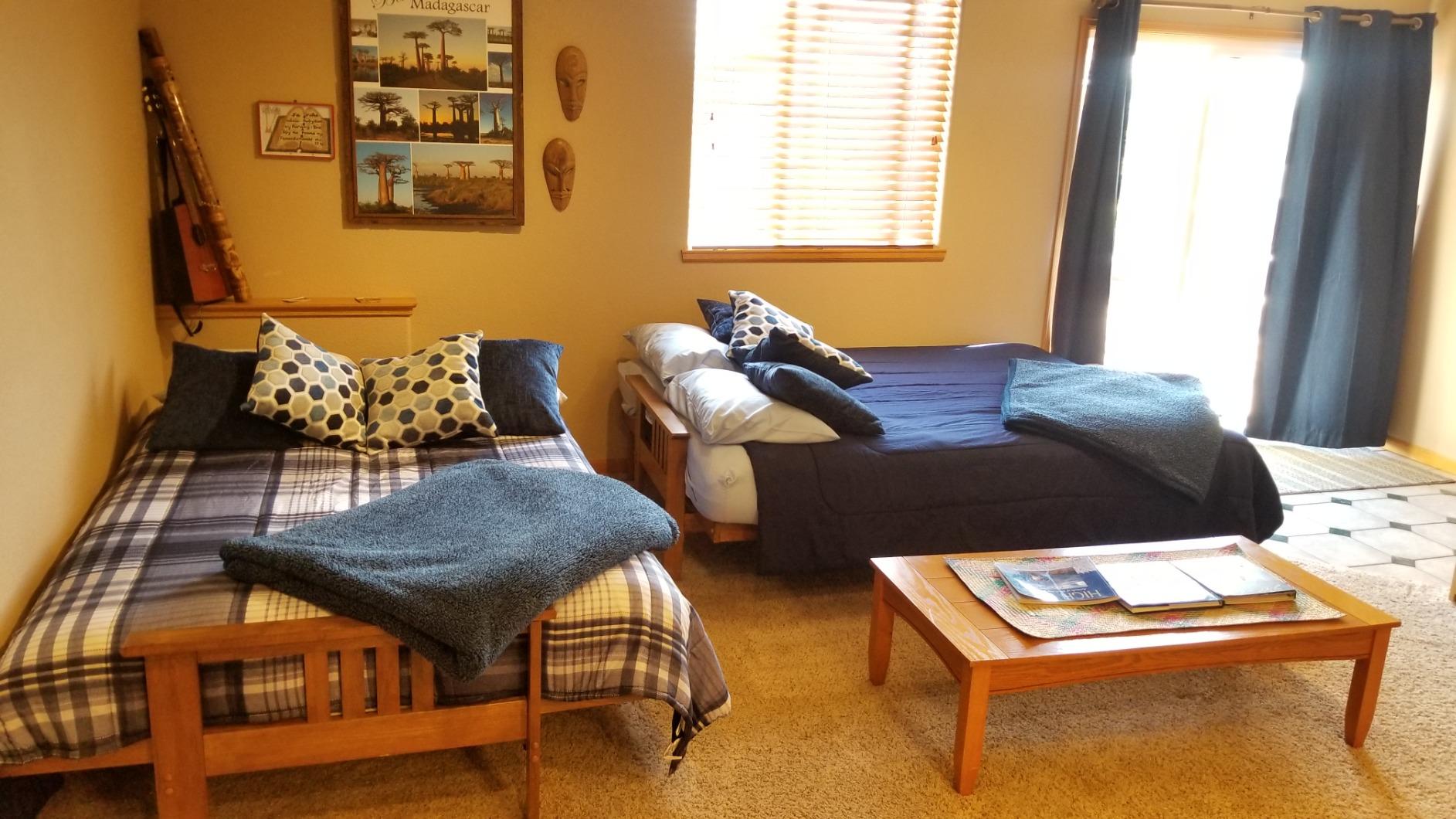 Stanford Futon Set - Queen Size Futon Frame with Mattress Included (8 Inch Thick Mattress, Twill Navy Blue Color), Heavy Duty Wood, Popular Sofa Bed Choice customer photo 1