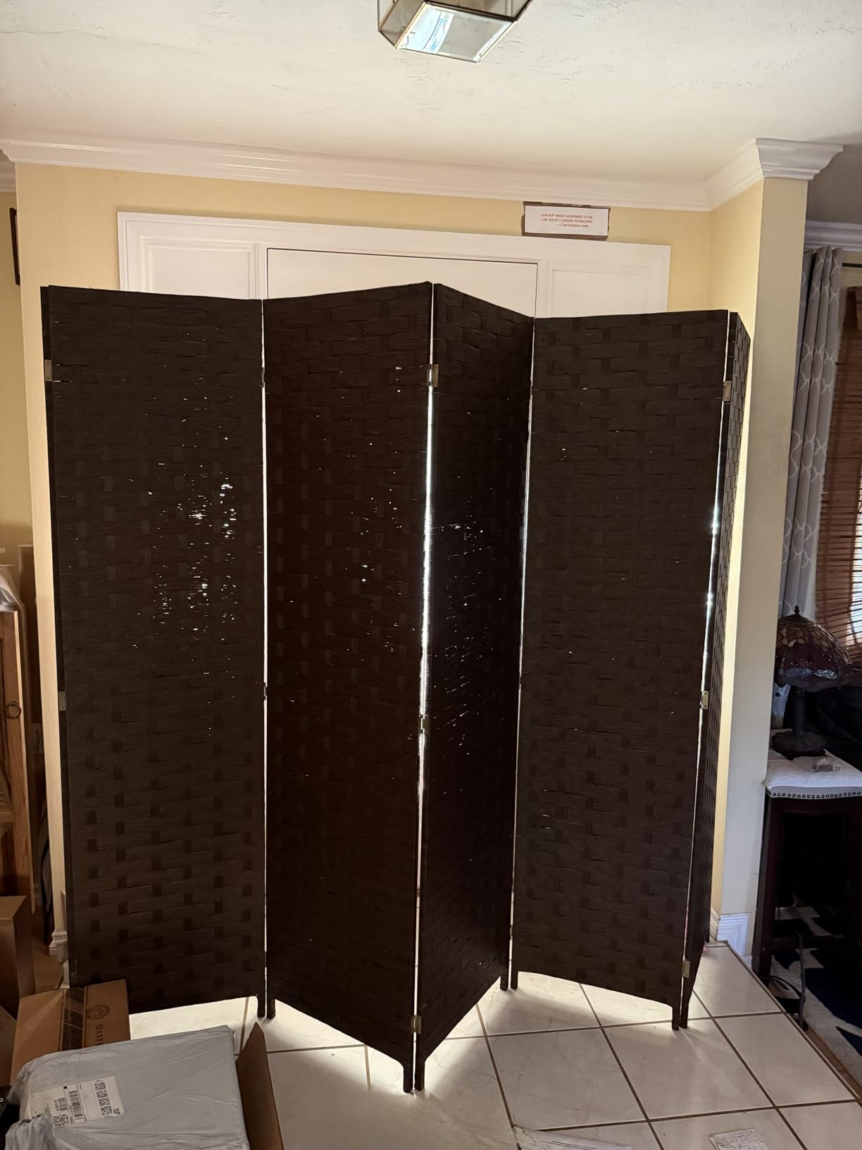 FDW Room Divider Wood Screen Mesh Woven Design Room Divider Folding Portable Partition Screen for Home Office (4 Panel, Brown) customer photo 1