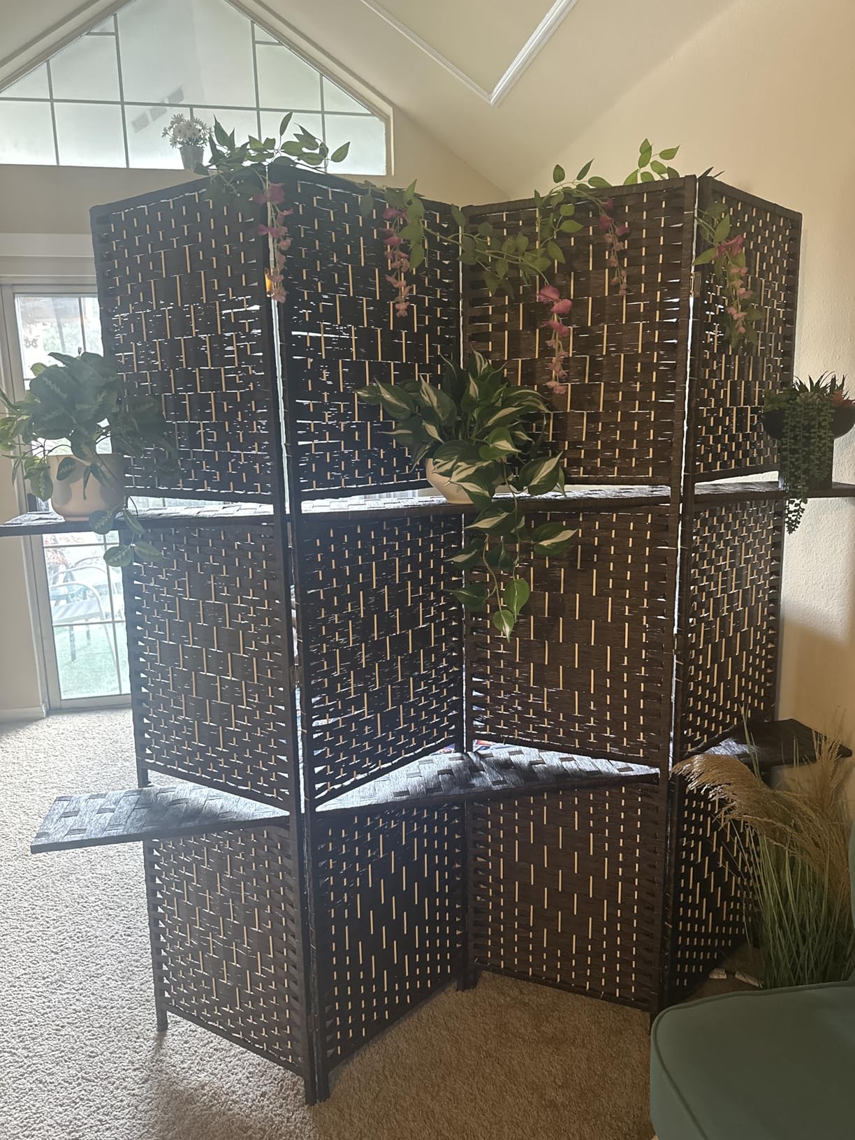 FDW Room Divider 4 Panel Room Screen Divider Wooden Screen Folding Portable Partition Screens Wood with Removable Storage Shelves Color,Brown customer photo 1