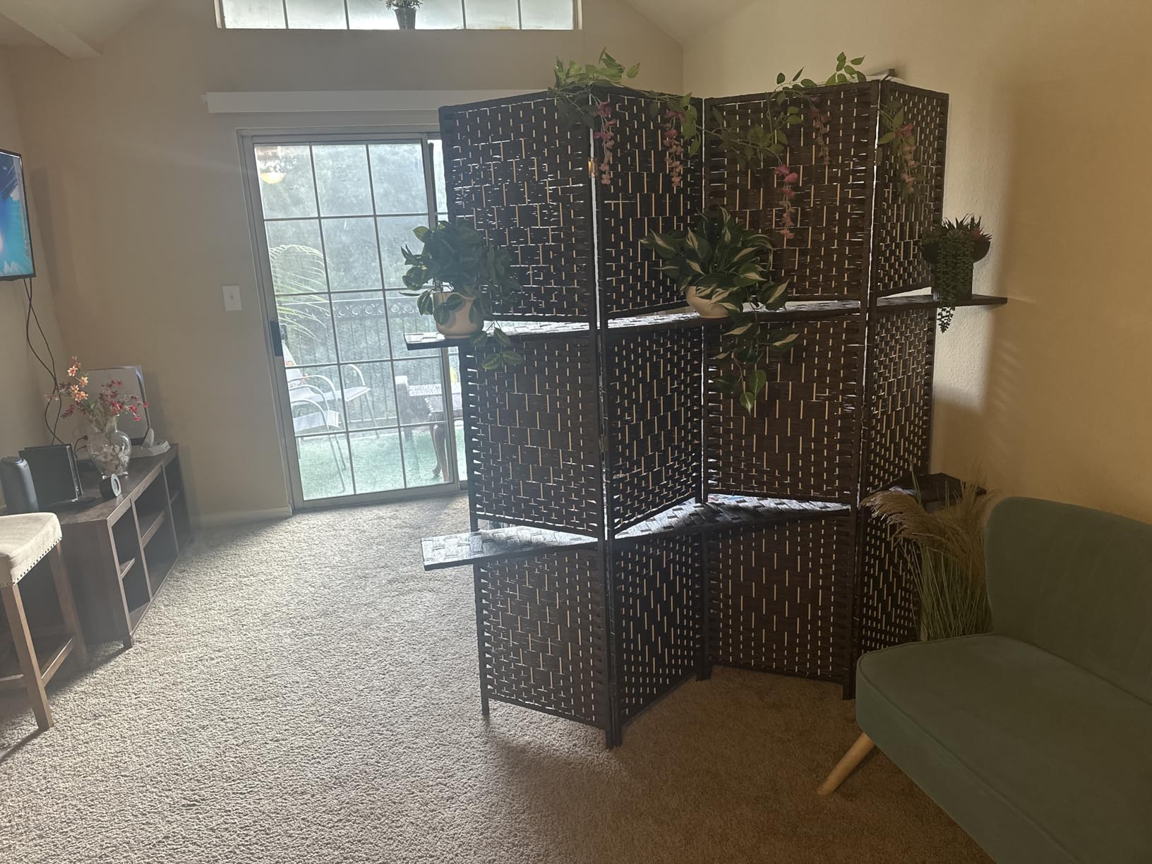 FDW Room Divider 4 Panel Room Screen Divider Wooden Screen Folding Portable Partition Screens Wood with Removable Storage Shelves Color,Brown customer photo 2