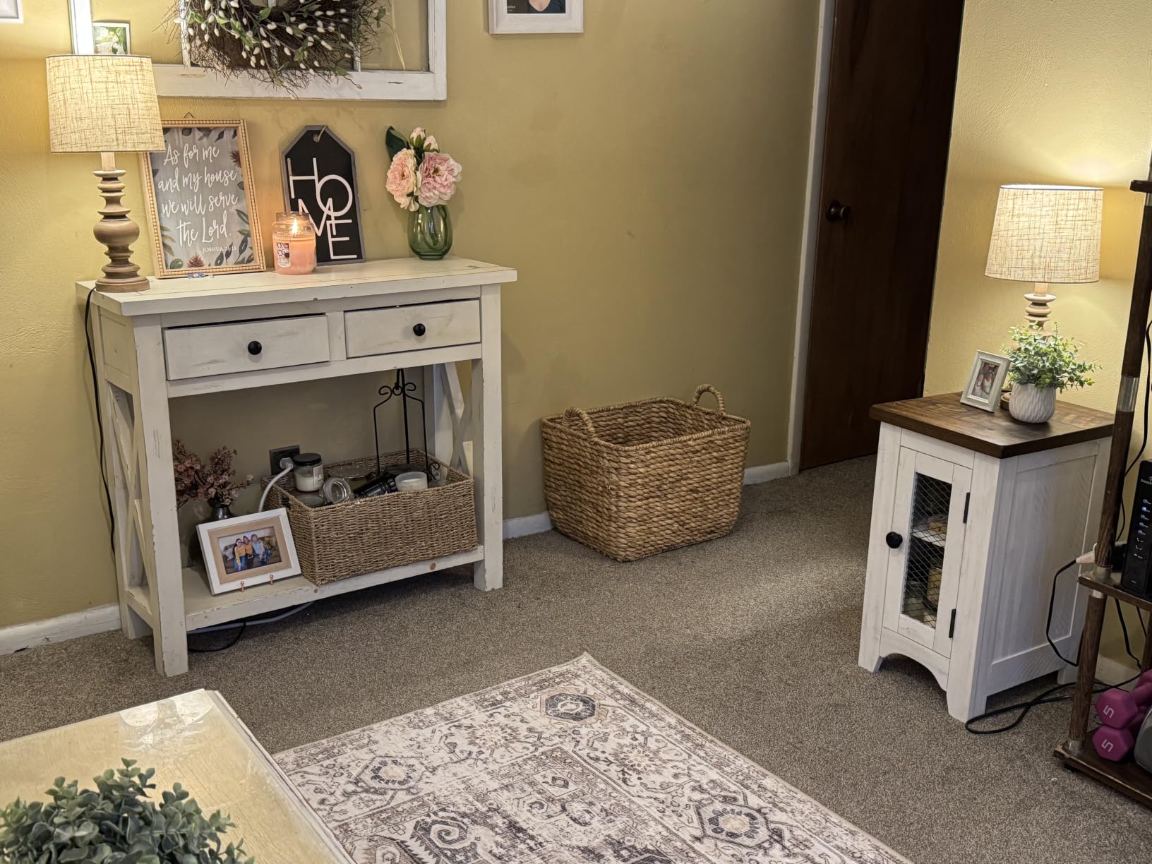 Signature Design by Ashley Wystfield Chairside End Table, Vintage White | Distressed pine color finish, Metal grill cabinet door, Adjustable shelf, 14-inch narrow width, Farmhouse side table customer photo 1