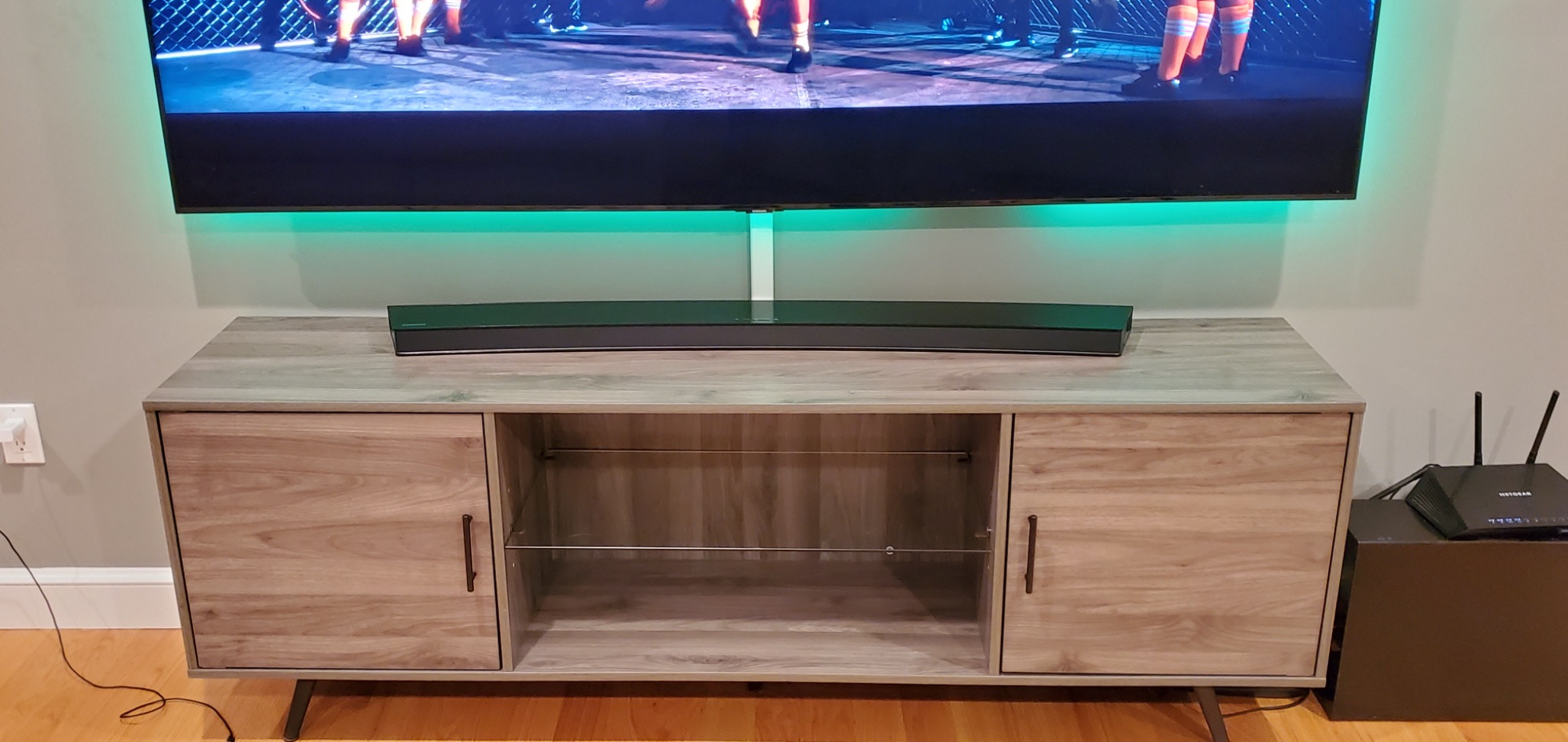 Walker Edison Saxon Mid Century Modern 2 Door Glass Shelf TV Stand for TVs up to 80 Inches, 70 Inch, Dark Walnut customer photo 1