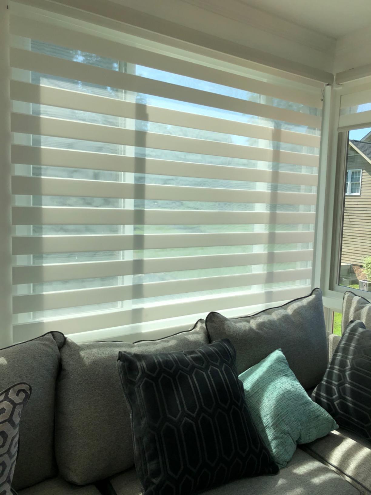 Yoolax Motorized Zebra Blinds with Remote, Room Darkening Smart Blinds Work with Alexa, Apple Home, Google Home, Electric Dual Layer Blinds Privacy Control, Custom Size, Greyish White customer photo 1