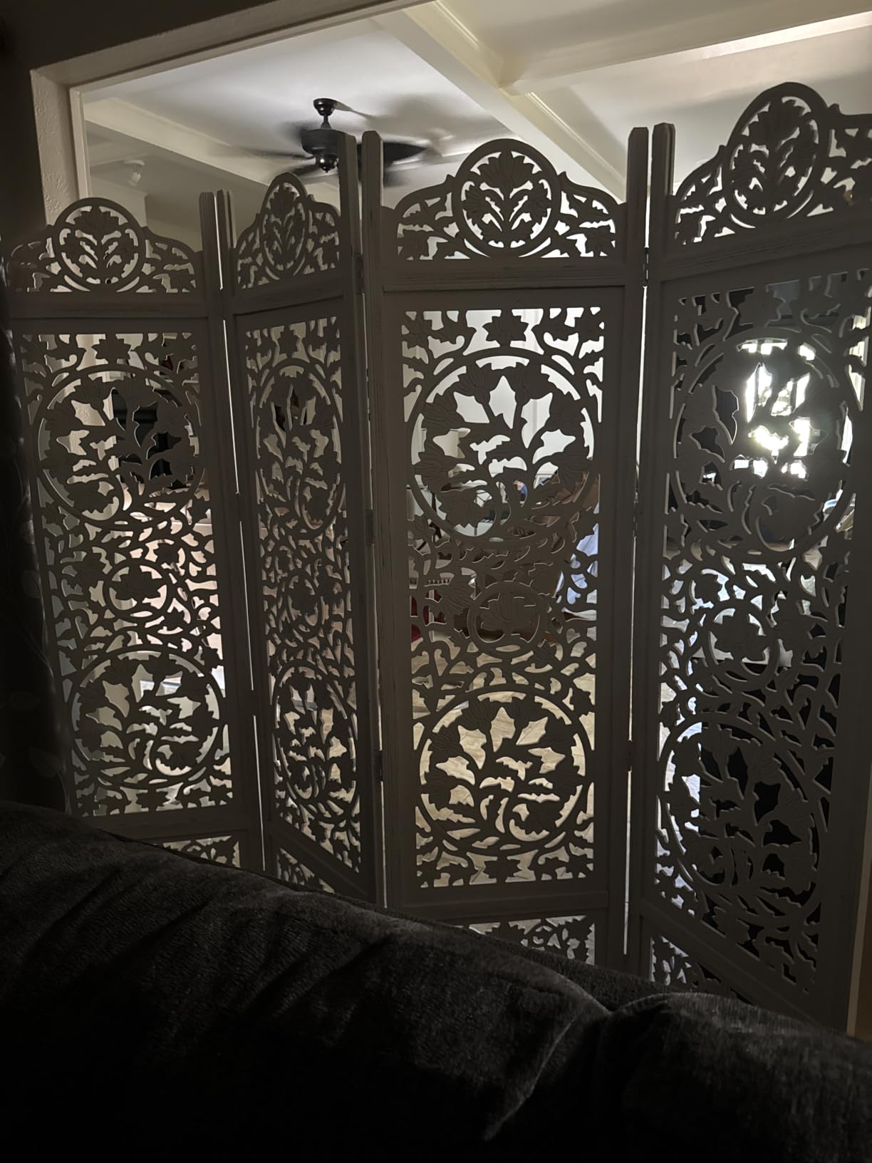 Room Divider Wood Screen - Ghanti Bells Antique Brown - 4 Panel Folding 72 x 80 - Assembled Hand Carved Decorative Functional Versatile Portable Partition Reversible Privacy Boho - COTTON CRAFT customer photo 1