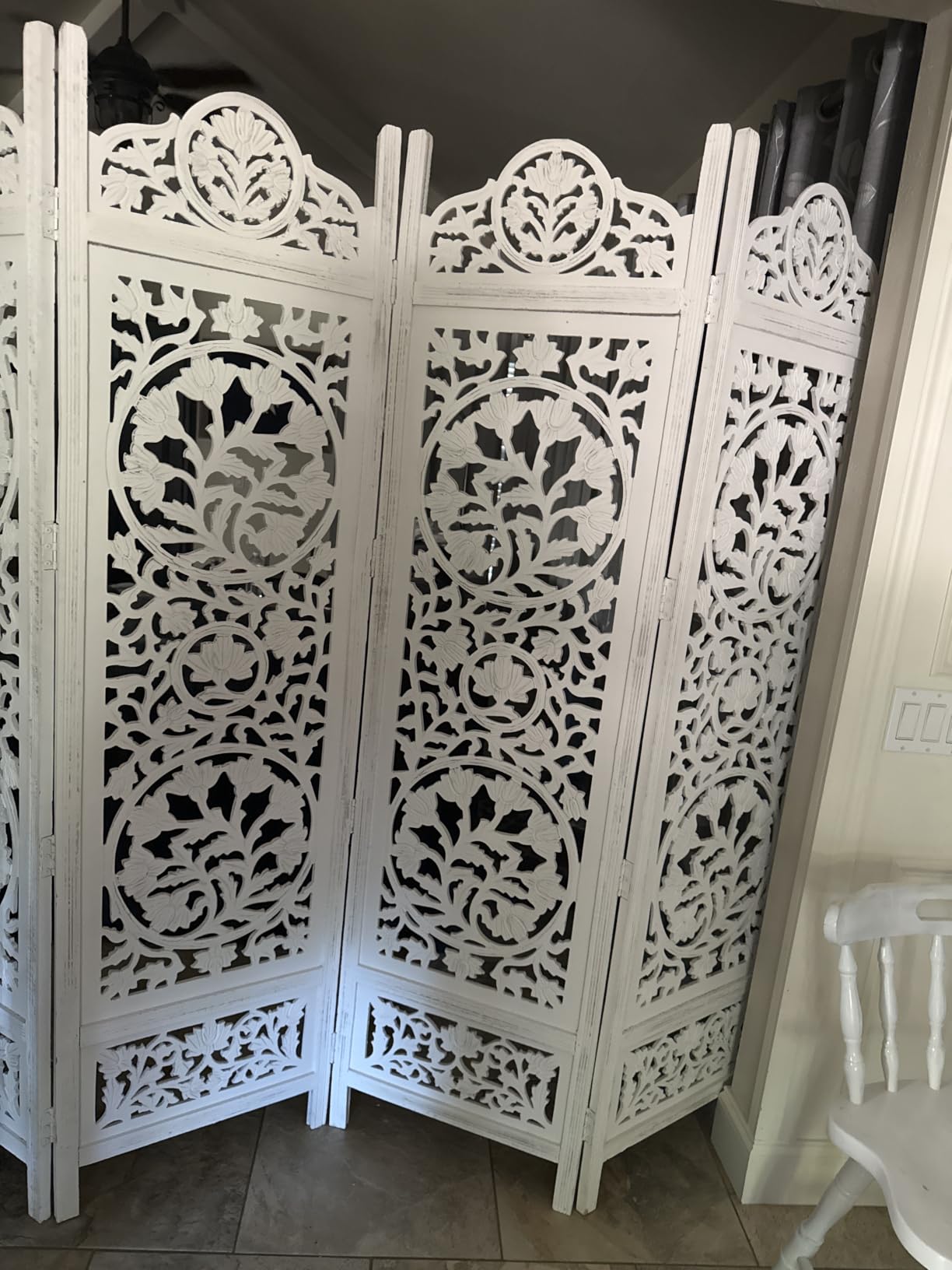Room Divider Wood Screen - Ghanti Bells Antique Brown - 4 Panel Folding 72 x 80 - Assembled Hand Carved Decorative Functional Versatile Portable Partition Reversible Privacy Boho - COTTON CRAFT customer photo 2
