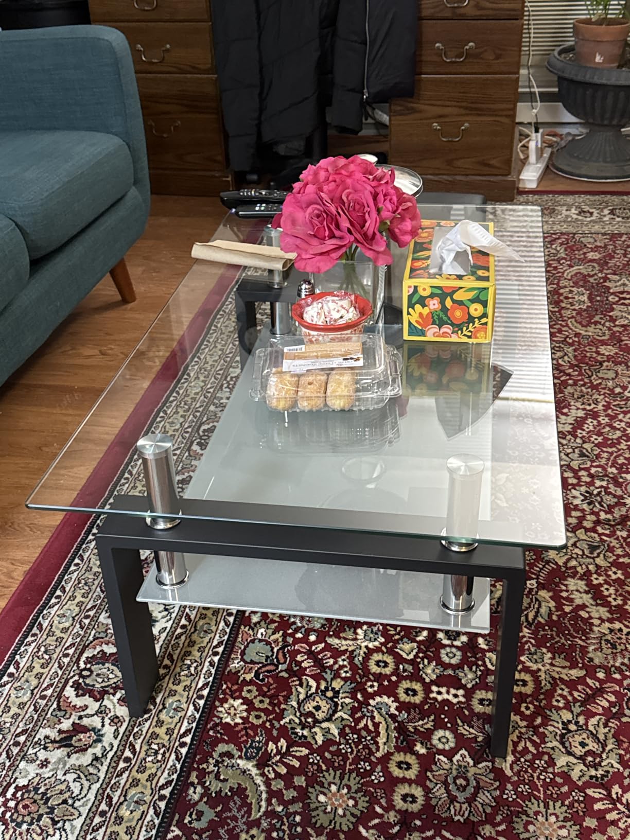 Rectangle Glass Coffee Table, Living Room Table with Black Metal Legs & Tempered Glass, Modern Center Table for Bedroom Small Space customer photo 2
