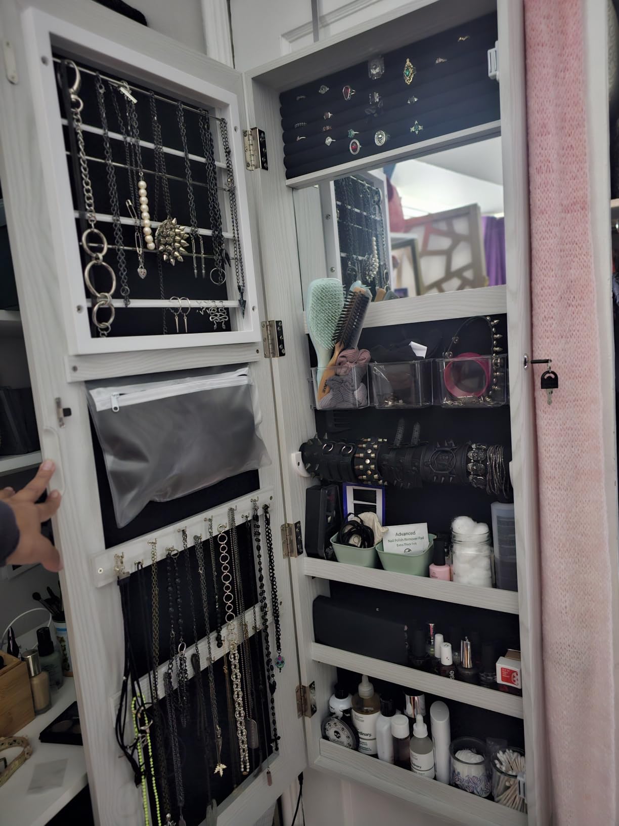 CHARMAID LED Mirror Jewelry Cabinet, 47.2'' Jewelry Armoire with Adjustable Lighted Full Length Mirror, Wall Mounted or Door Hanging, Lockable Jewelry Organizer Storage (Grayish White, 47.2''H) customer photo 1