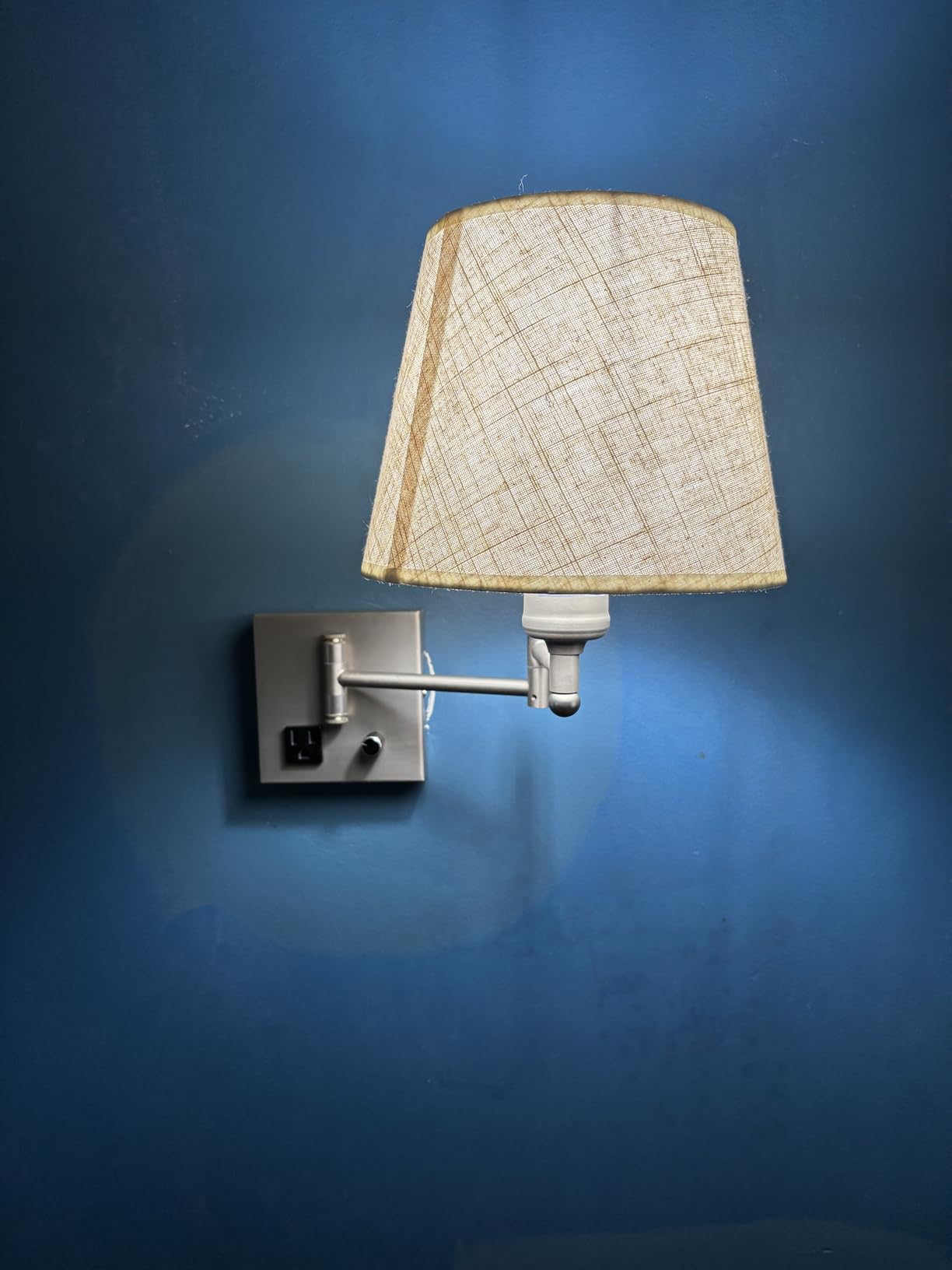 Bedside Wall Mount Light with Dimmable Switch and Outlet, Swing Arm Fabric Shade Wall Sconce Light with USB Port and Plug in Cord, Satin Nickel Wall Lamp for Bedroom, Living Room and Hotel customer photo 1