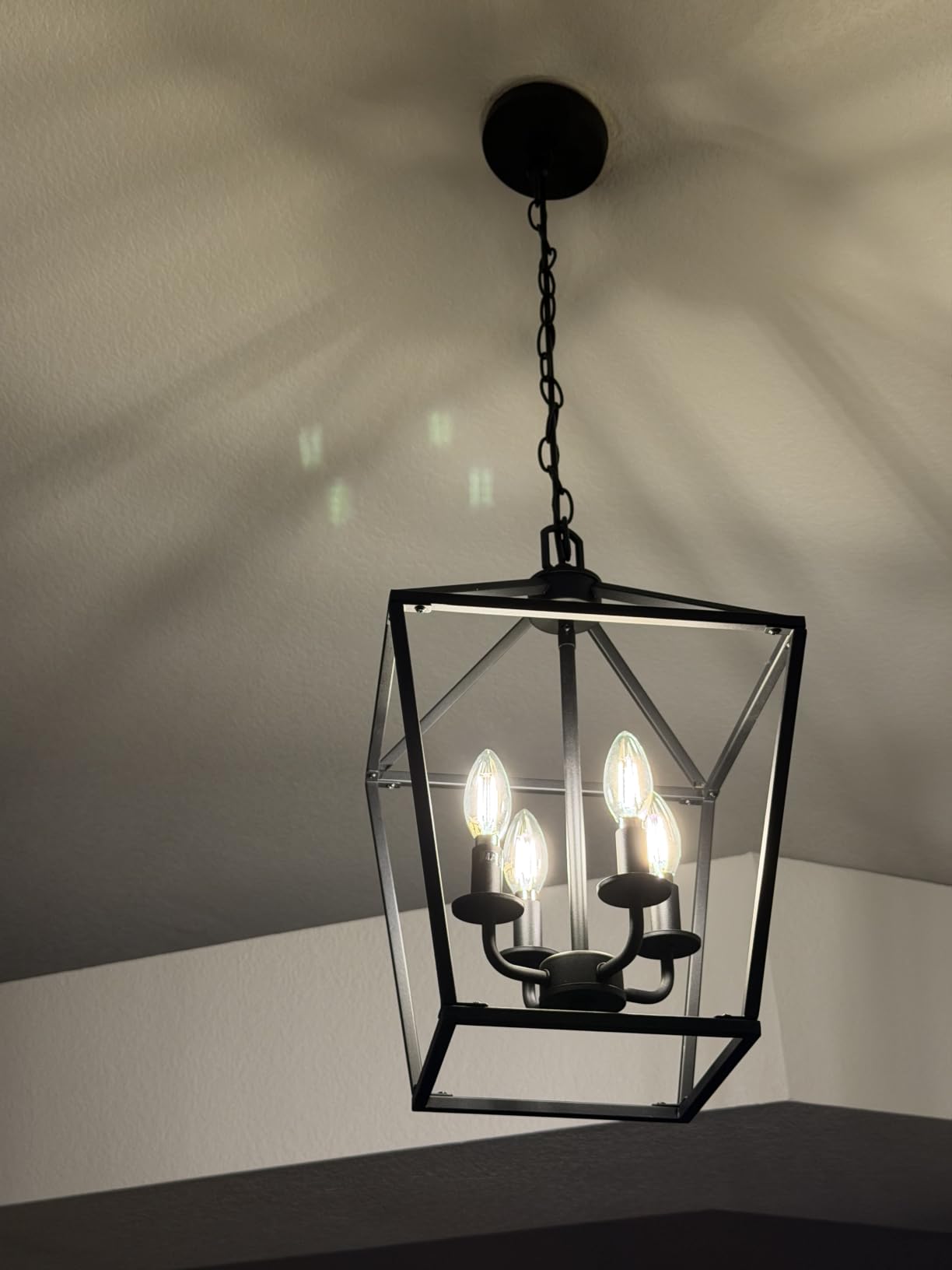 4 Light Chandelier, Industrial Ceiling Light Black Lantern Light Fixtures with Farmhouse Metal Cage Adjustable Height Rustic Geometric Hanging Light E12 Base for Kitchen Island, Entryway, Indoor customer photo 2