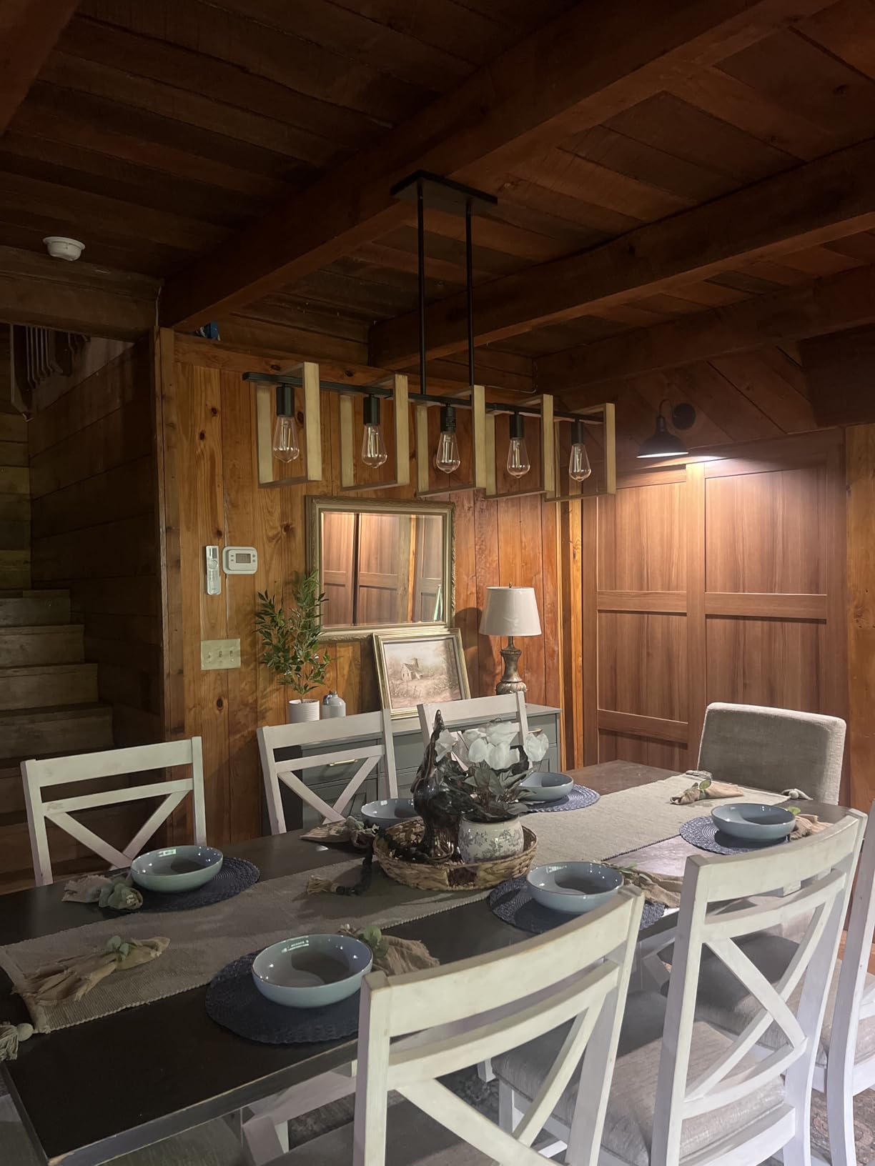 Dining Room Light Fixture Farmhouse Pendant Lights Kitchen Island Rustic Kitchen Light Fixtures 4 Lights Wood and Black Metal Rectangular Chandelier Ceiling Hanging Lighting 35.4 Inch customer photo 2