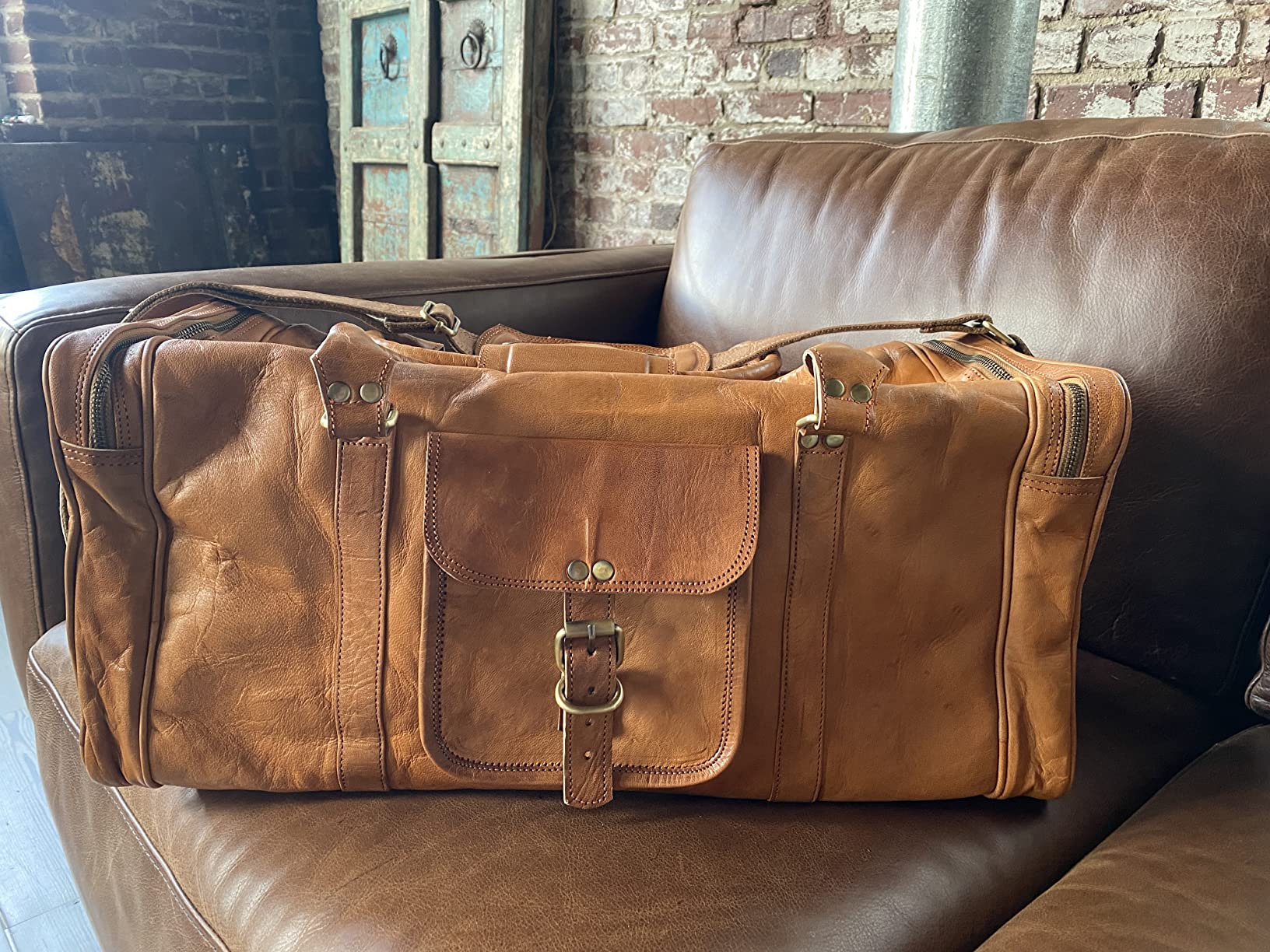 Genuine Leather Duffle Bags For Men New York XXL- Brown customer photo 1