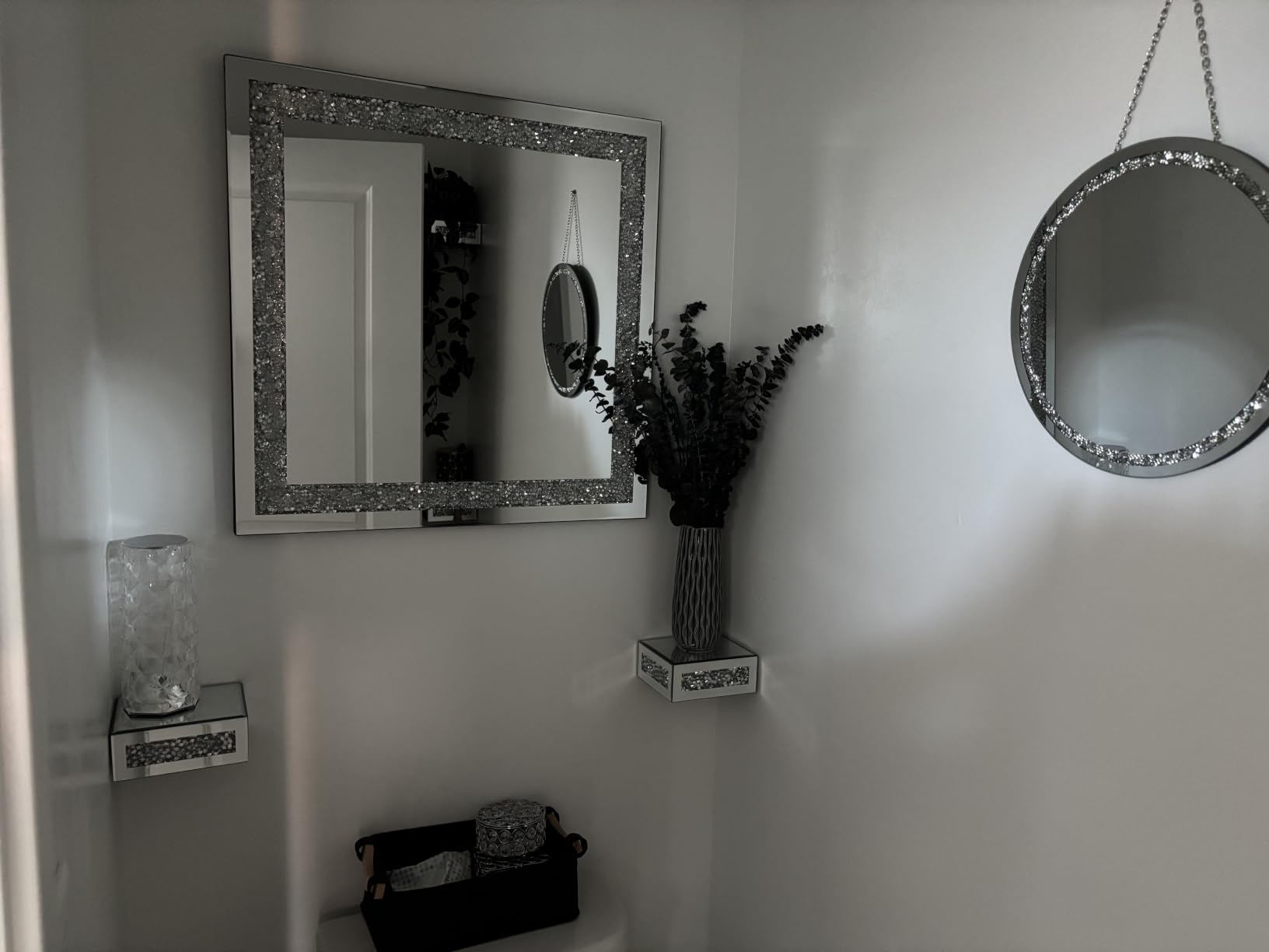 Crystal Crush Diamond Sparkly Round Silver Mirror for Wall Decoration 20x20x1 inch Wall Hang Frameless Bling Stylish Gorgeous Glam Mirror Vanity Home Decor. customer photo 2