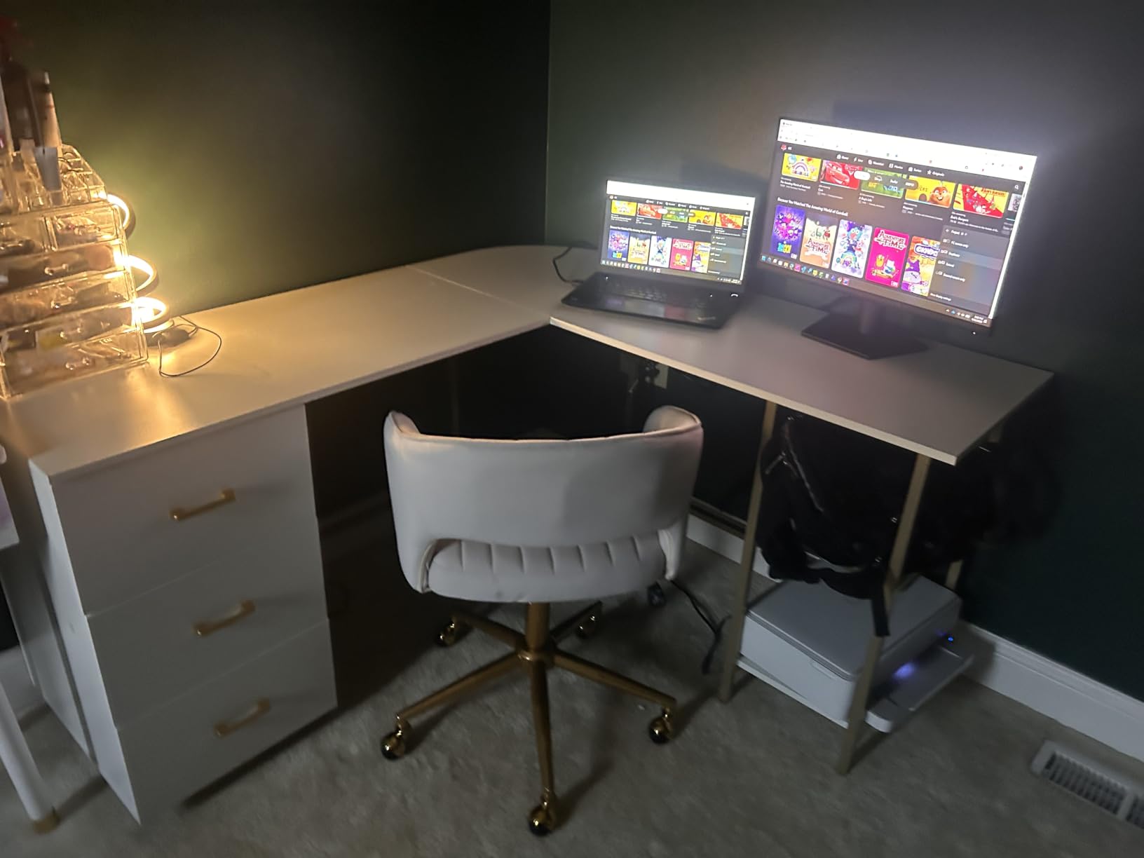 Techni Mobili L Shaped Desk - Two-Toned Computer Desk with Drawers & Storage Shelves - Simple Modern Furniture & Home Office Space Corner Table for Work & Writing | 59