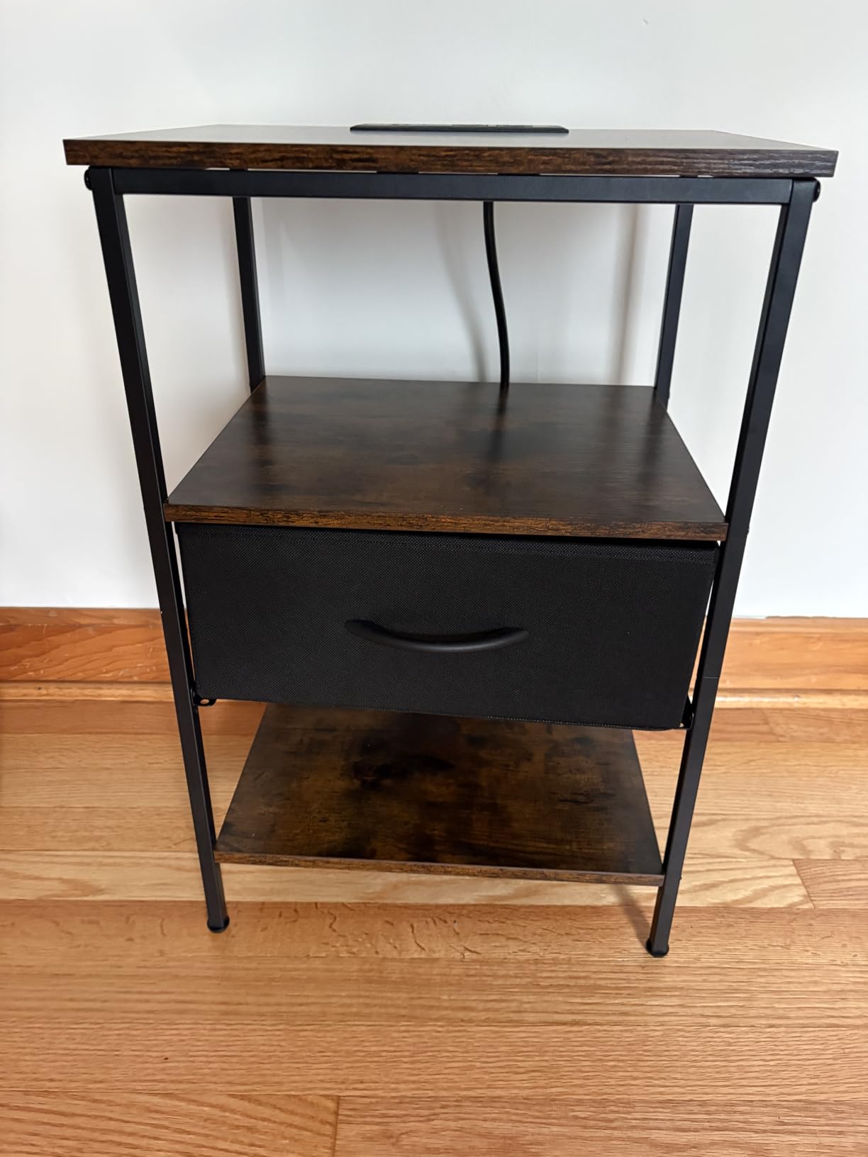SUPERJARE Nightstand with Charging Station, Bed Side Table with Adjustable Fabric Drawer, 3-Tier Storage End Table, for Living Room, Rustic Brown and Black customer photo 1