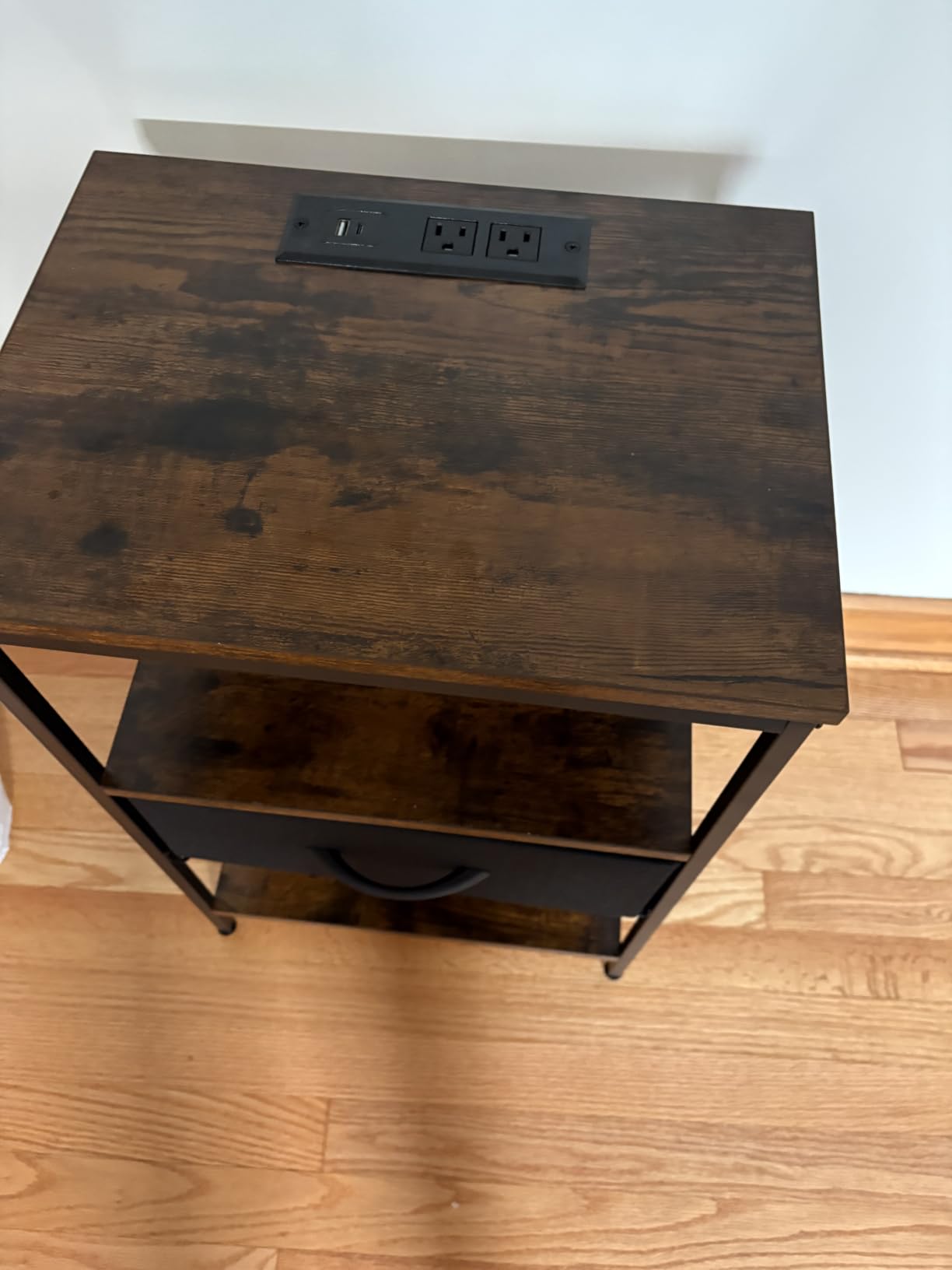 SUPERJARE Nightstand with Charging Station, Bed Side Table with Adjustable Fabric Drawer, 3-Tier Storage End Table, for Living Room, Rustic Brown and Black customer photo 2