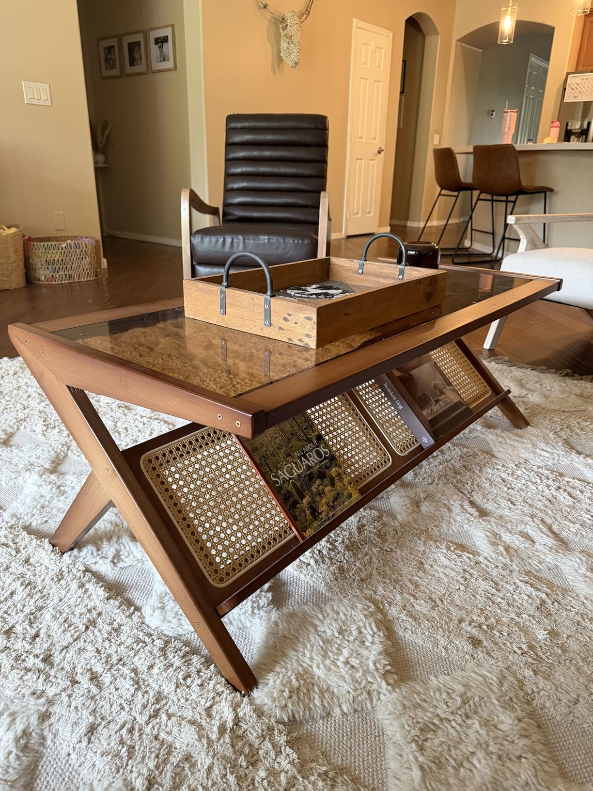 Bamworld Rattan Coffee Table with Glass Top Mid-Century Modern Center Table | with Storage for Living Room Table Brown customer photo 1