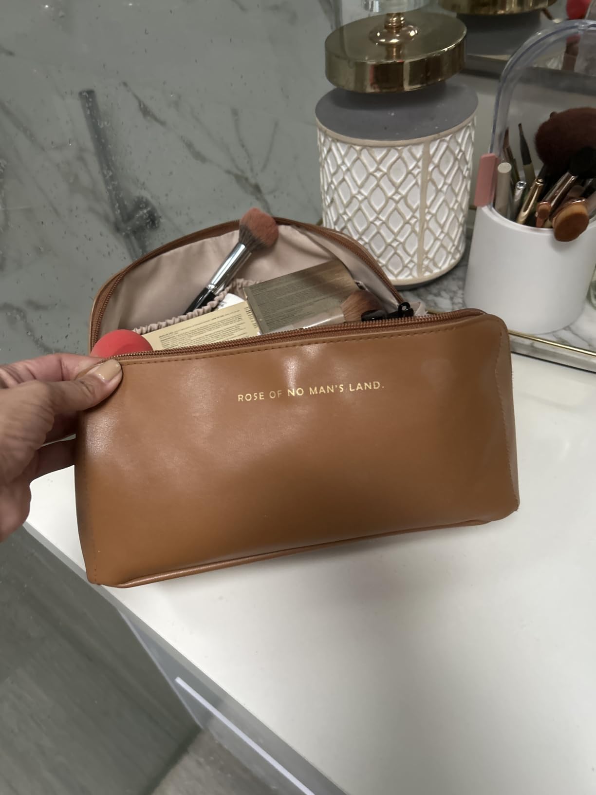EACHY Travel Makeup Bag for Women, PU Leather Cosmetic Bag, Brown, Medium customer photo 1