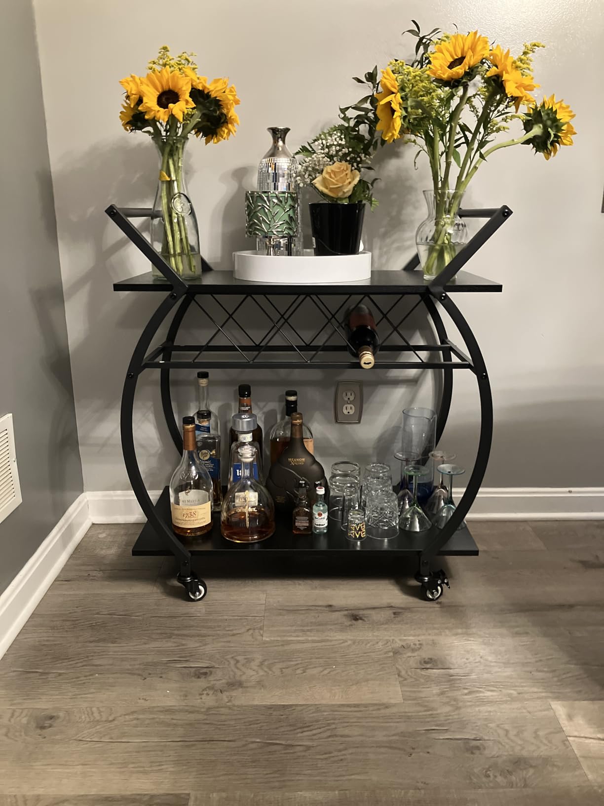 LVB Black Wine Cart with Wheels, Modern Bar Cart with Wine Rack, Industrial Beverage Rolling Kitchen Serving Cart with Storage, Metal Wooden Microwave Drink Liquor Cart for Home Dining Room, Black Oak customer photo 1