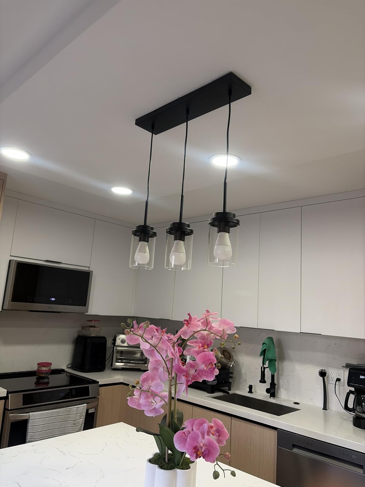 MELUCEE 5 Lights Kitchen Island Lighting Linear Chandeliers for Dining Room | Modern Industrial Brushed Nickel Pendant Light Fixtures Ceiling Hanging with Clear Glass Shade, 37.0 Inches Length customer photo 1