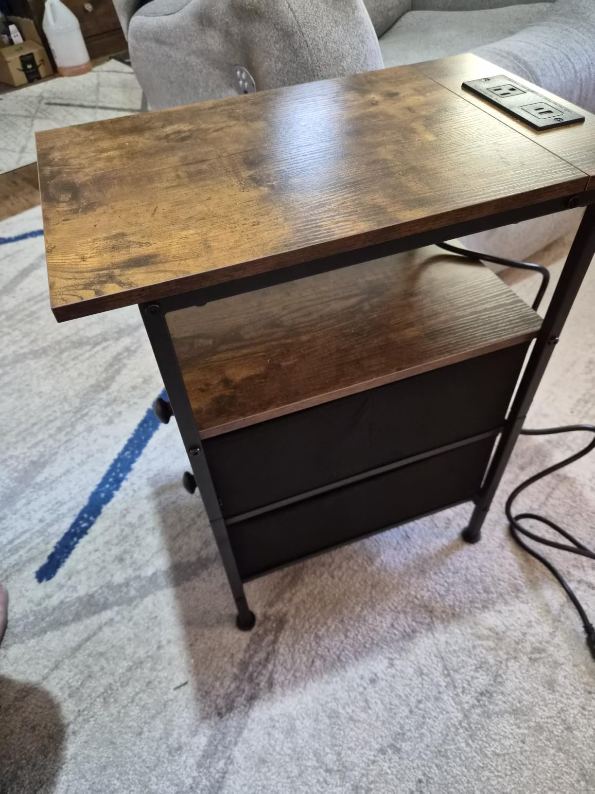 HOOBRO End Table with Charging Station, Narrow Side Table, Nightstand with 2 Non-Woven Drawers, Slim Sofa Side Table, for Small Spaces, Living Room, Bedroom, Rustic Brown and Black BF486UBZ01 customer photo 1
