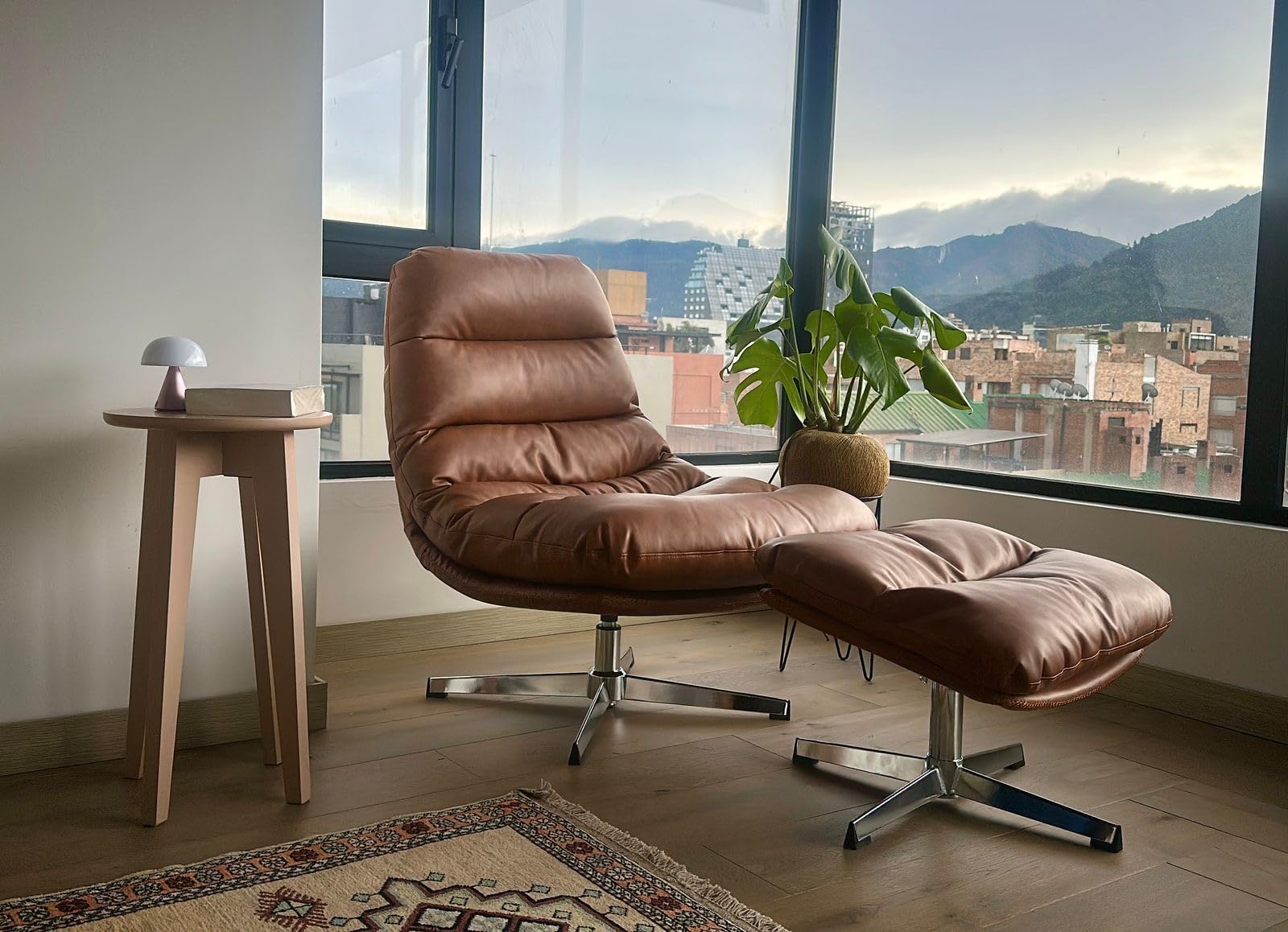 HNY Brown Swivel Lounge Chair with Ottoman Modern PU Leather Accent Chair with Footrest 33'' Wide Oversized Armless Upholstered Reading Chair with Footstool for Living Room Bedroom Comfy customer photo 1