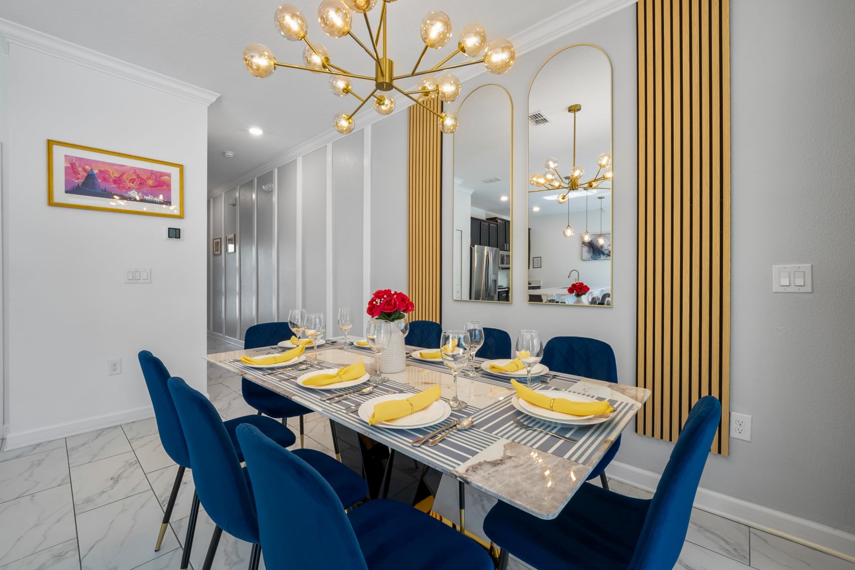 gopop Marble Dining Table, Modern Dining Room Table with Golden Stainless Steel Base, Marble Kitchen Table for 8 People, 71'' Gold Dining Table customer photo 1