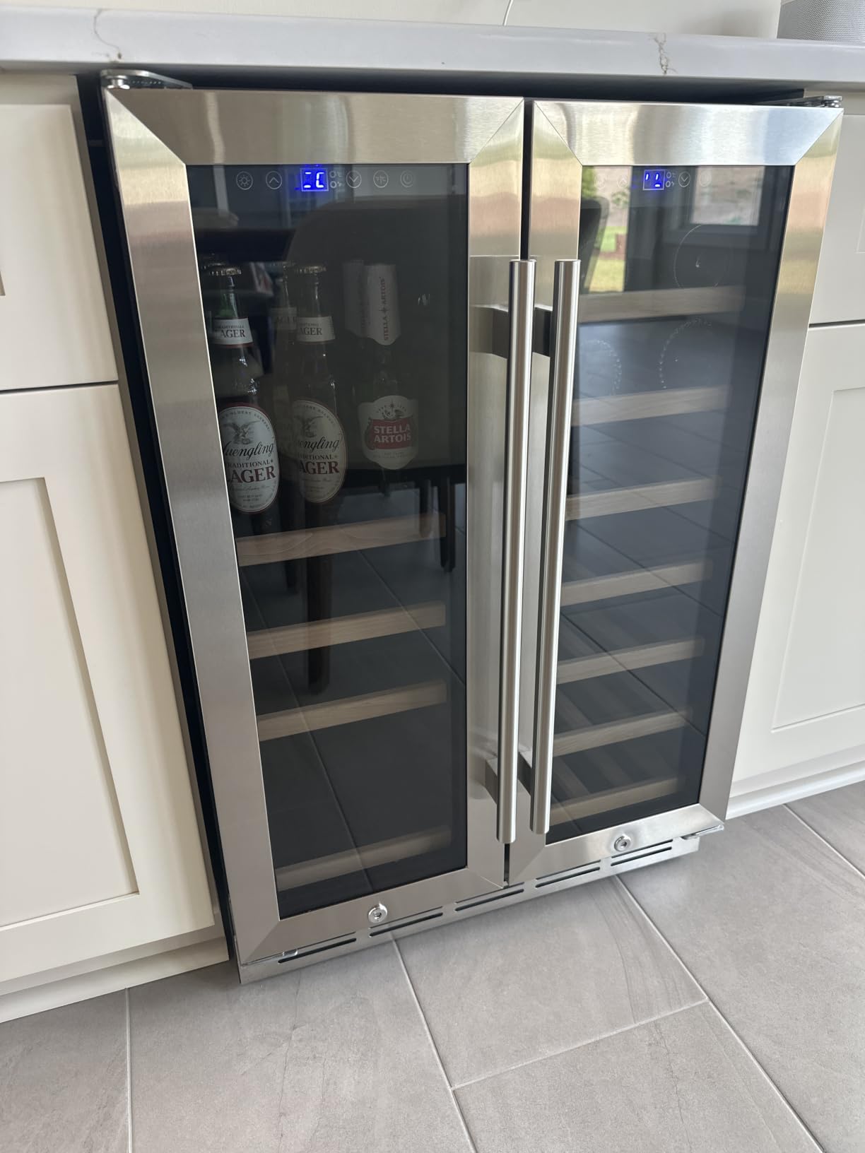 ORYMUSE 24 Inch Dual Zone Wine and Beverage Refrigerator, Built-in or Freestanding Cooler with French Doors, Under Counter Drink Fridge with Upgraded Compressor for Beer, Wine, and Soda customer photo 2