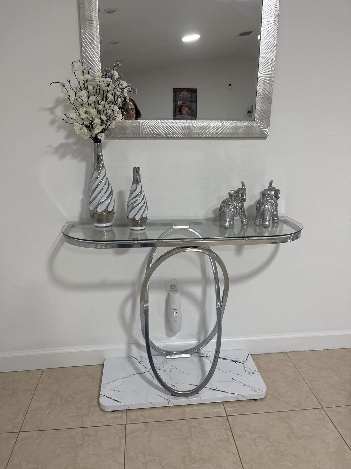 O&K FURNITURE Silver Glass Console Tables for Entryway, Glass Entryway Table with Curved Frames and Marble Base, Modern Entrance Table Sofa Table for Living Room, Hallway, Silver Glass & White Marble customer photo 1
