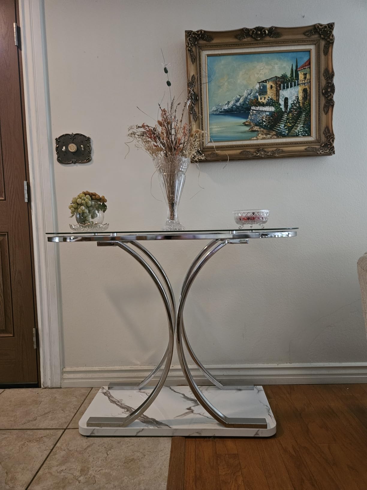 O&K FURNITURE Silver Glass Console Tables for Entryway, Glass Entryway Table with Curved Frames and Marble Base, Modern Entrance Table Sofa Table for Living Room, Hallway, Silver Glass & White Marble customer photo 2